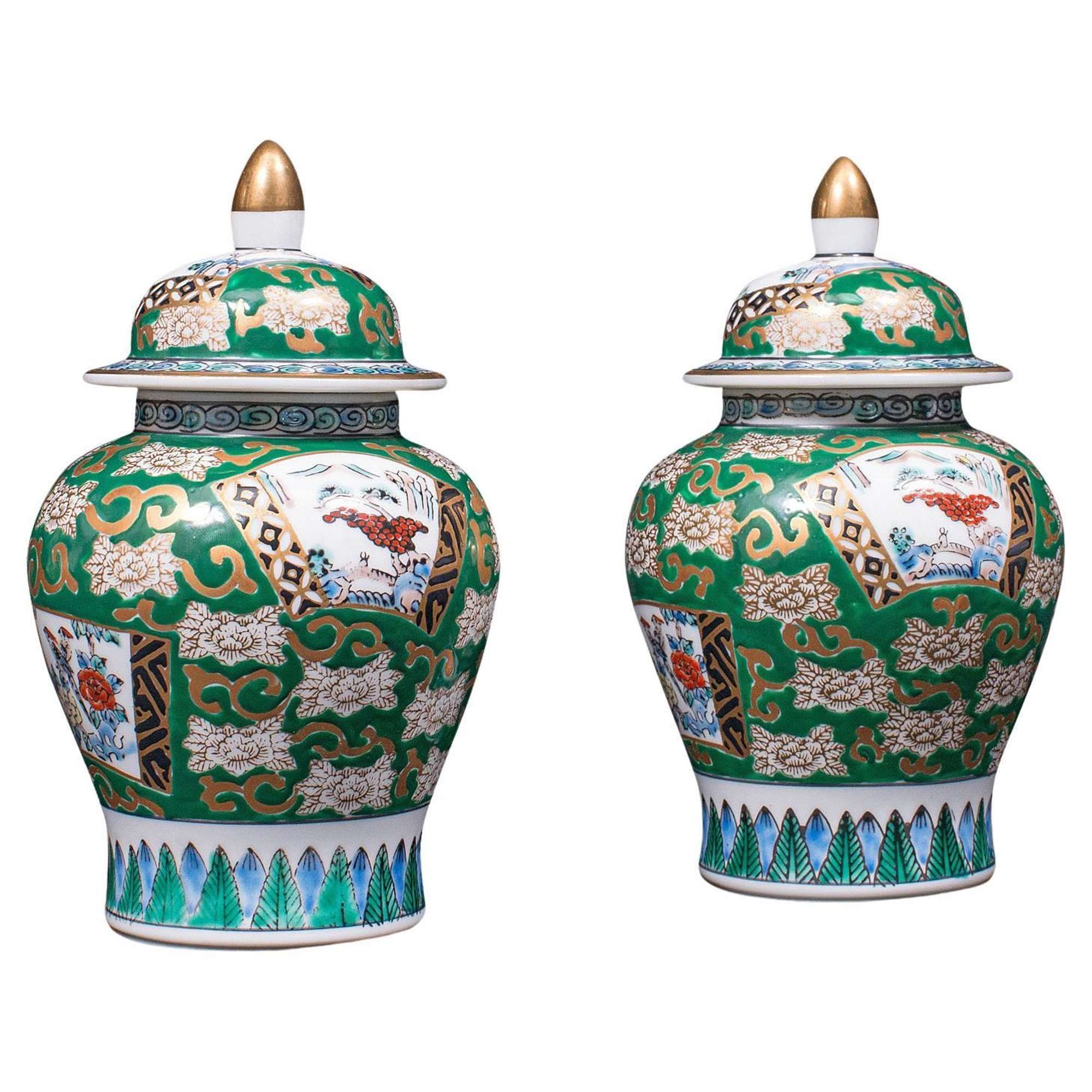 Pair Of Vintage Ginger Jars, Chinese, Hand Painted, Ceramic, Spice Pot, Art Deco