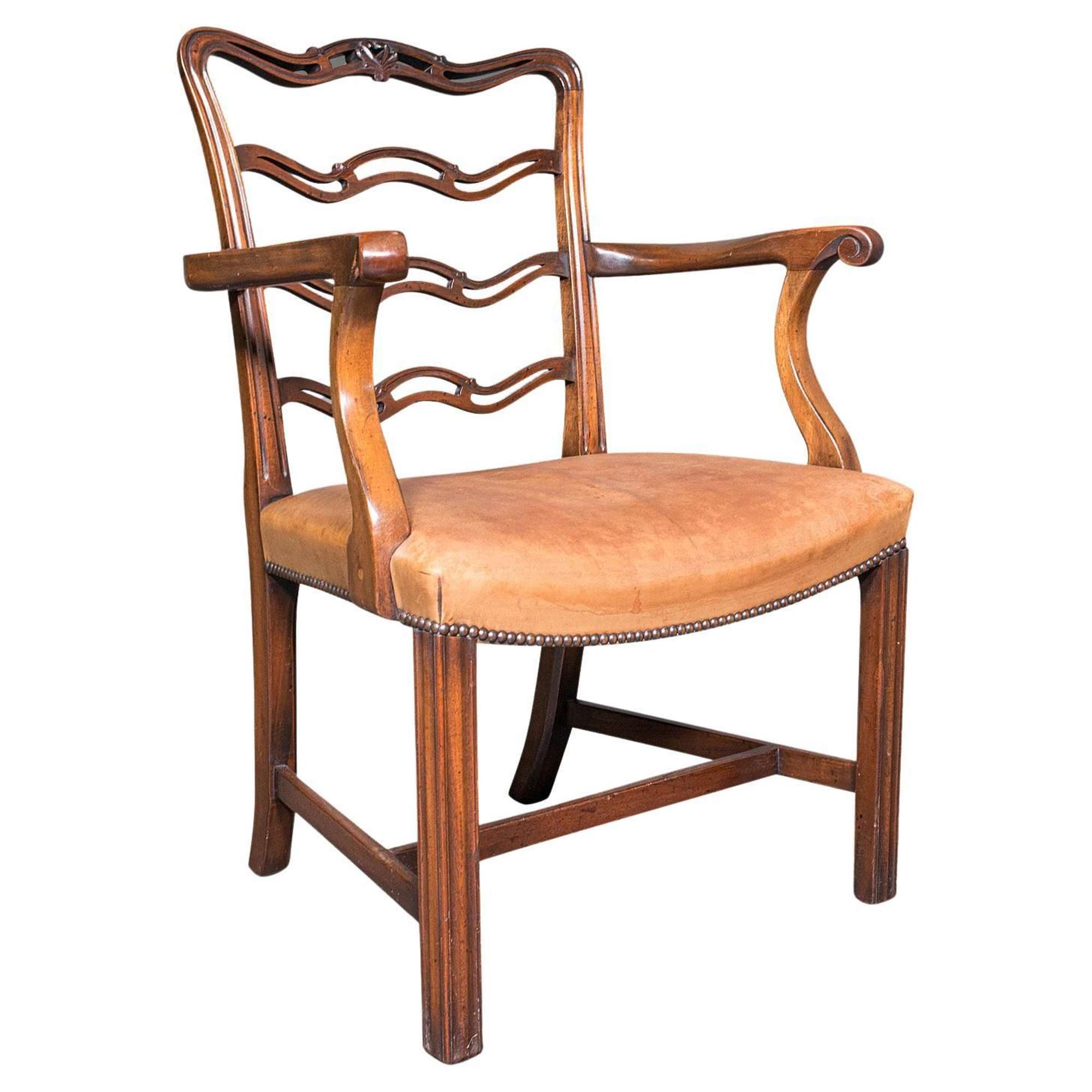 Vintage Ladder Back Study Chair, Irish, Leather, Elbow Seat, Carver, Art Deco