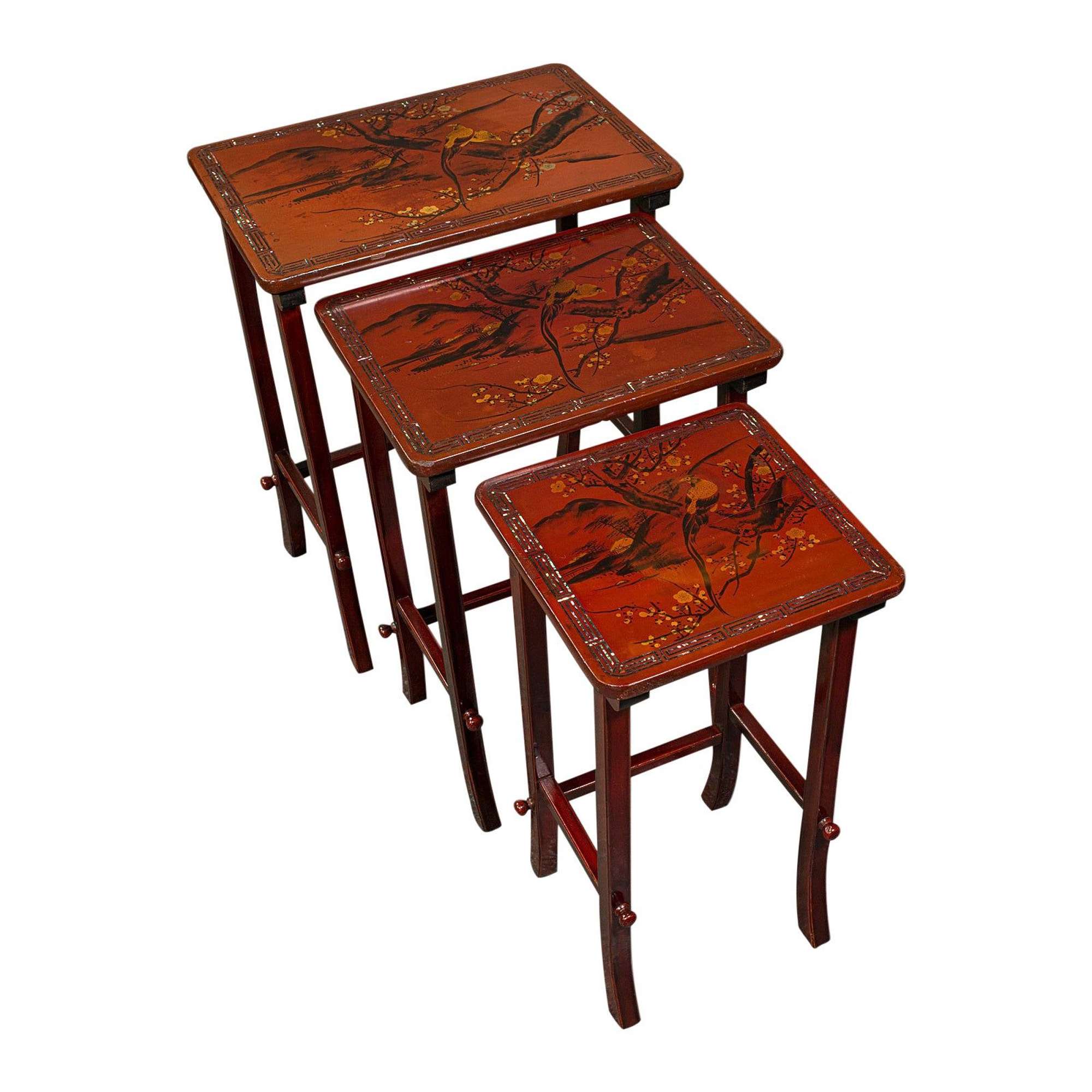Antique Nest Of 3 Occasional Side Tables, Oriental, Japanned, Victorian, C.1900