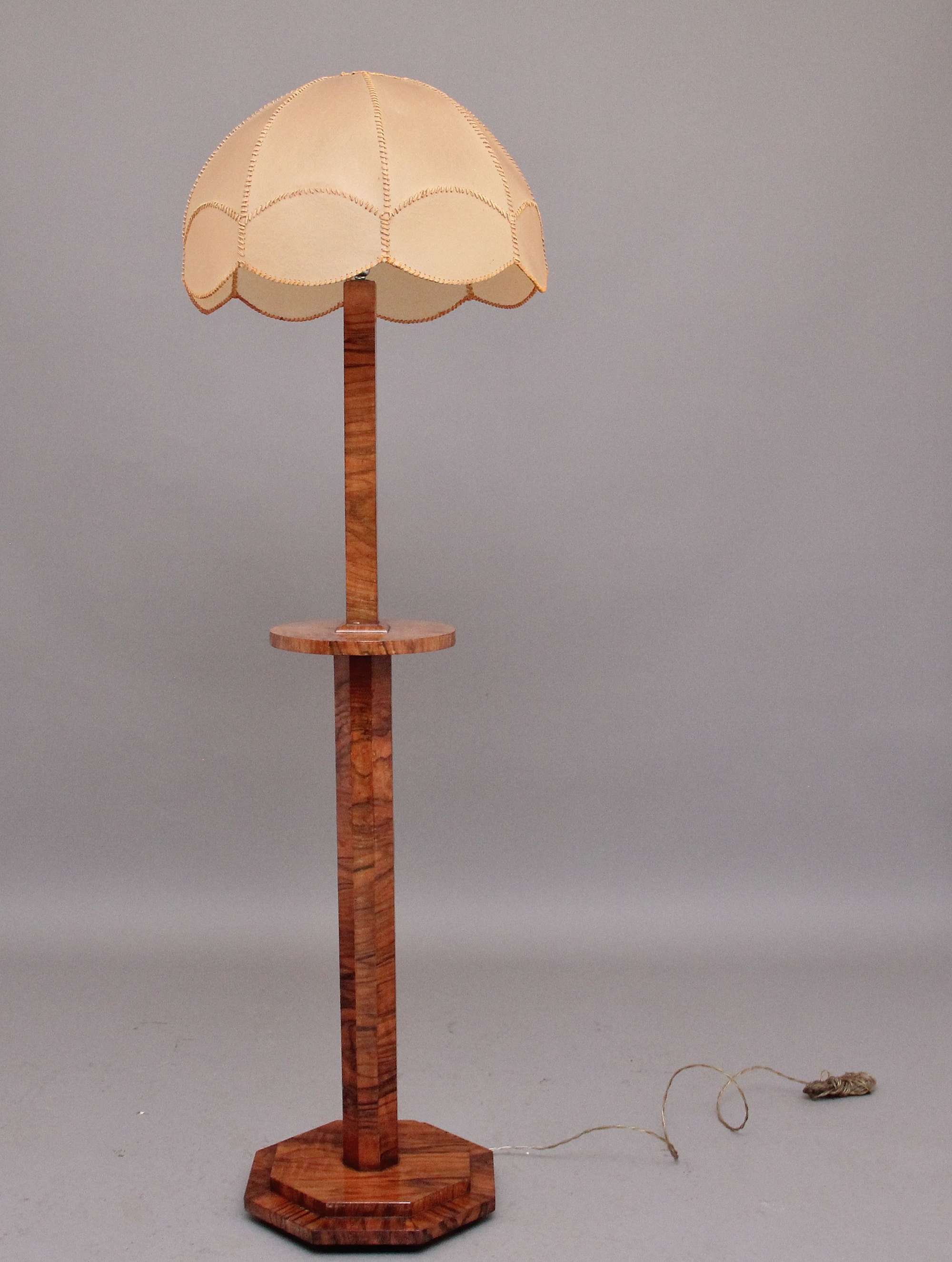 Early 20th Century Art Deco walnut standard lamp and shade