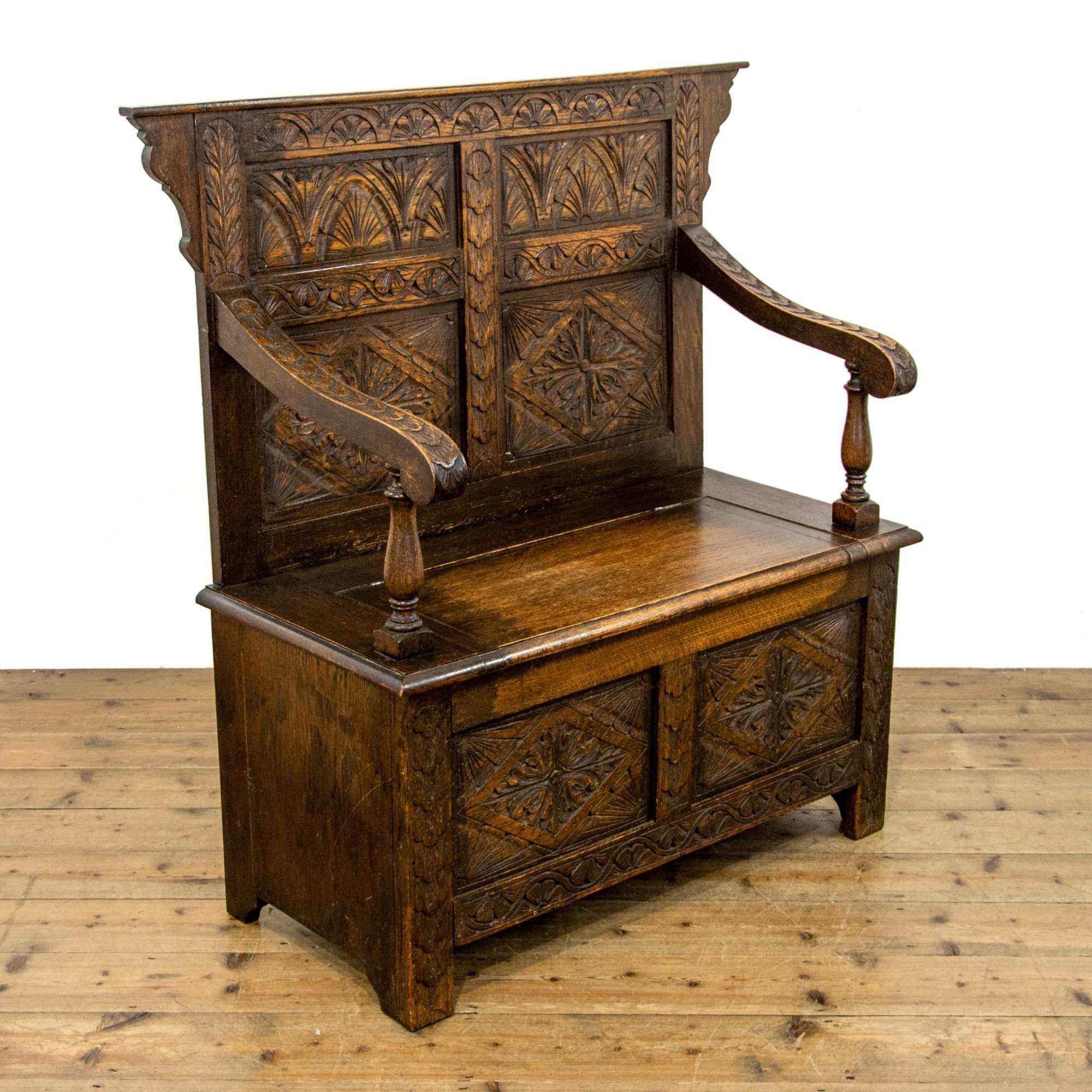 Small Antique Oak Settle With Carved Back