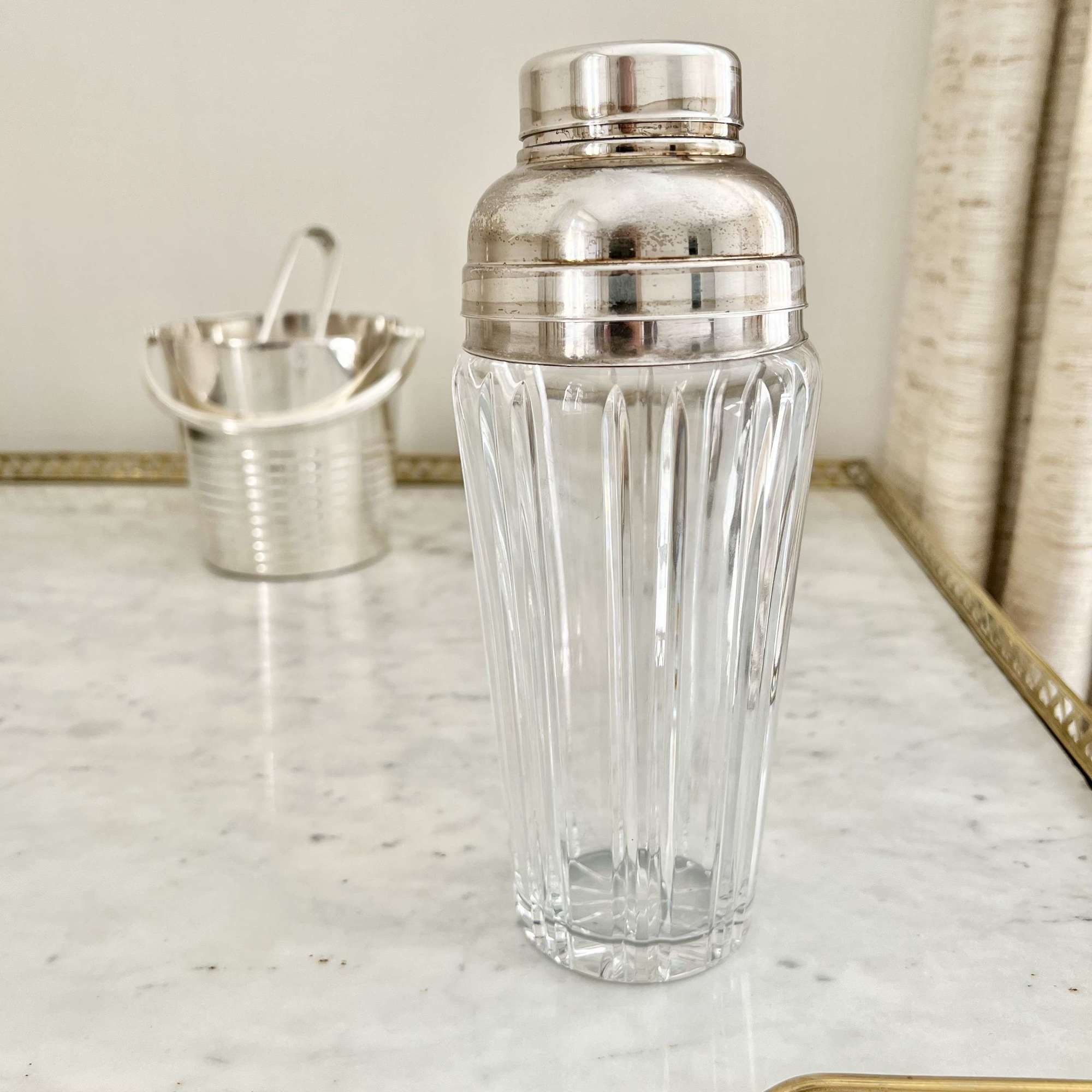 Mid Century French silver plated & cut crystal cocktail shaker