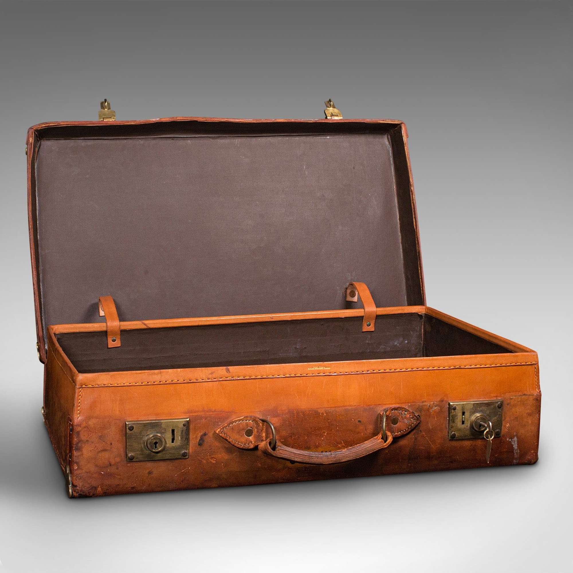 Large Antique Suitcase, English, Leather, Gentleman's Travelling Case, Edwardian