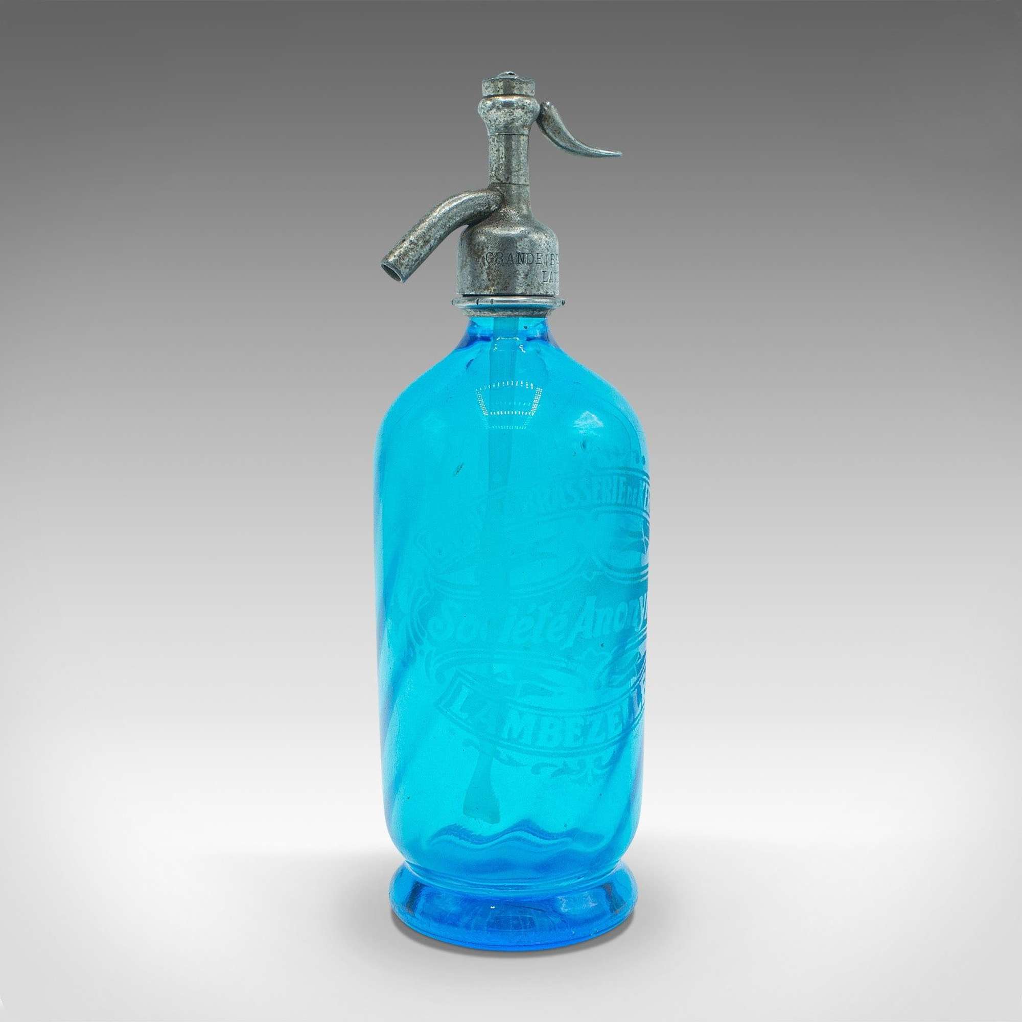 Vintage Blue Soda Siphon, French, Decorative Glass, Bistro Seltzer Bottle, 1932