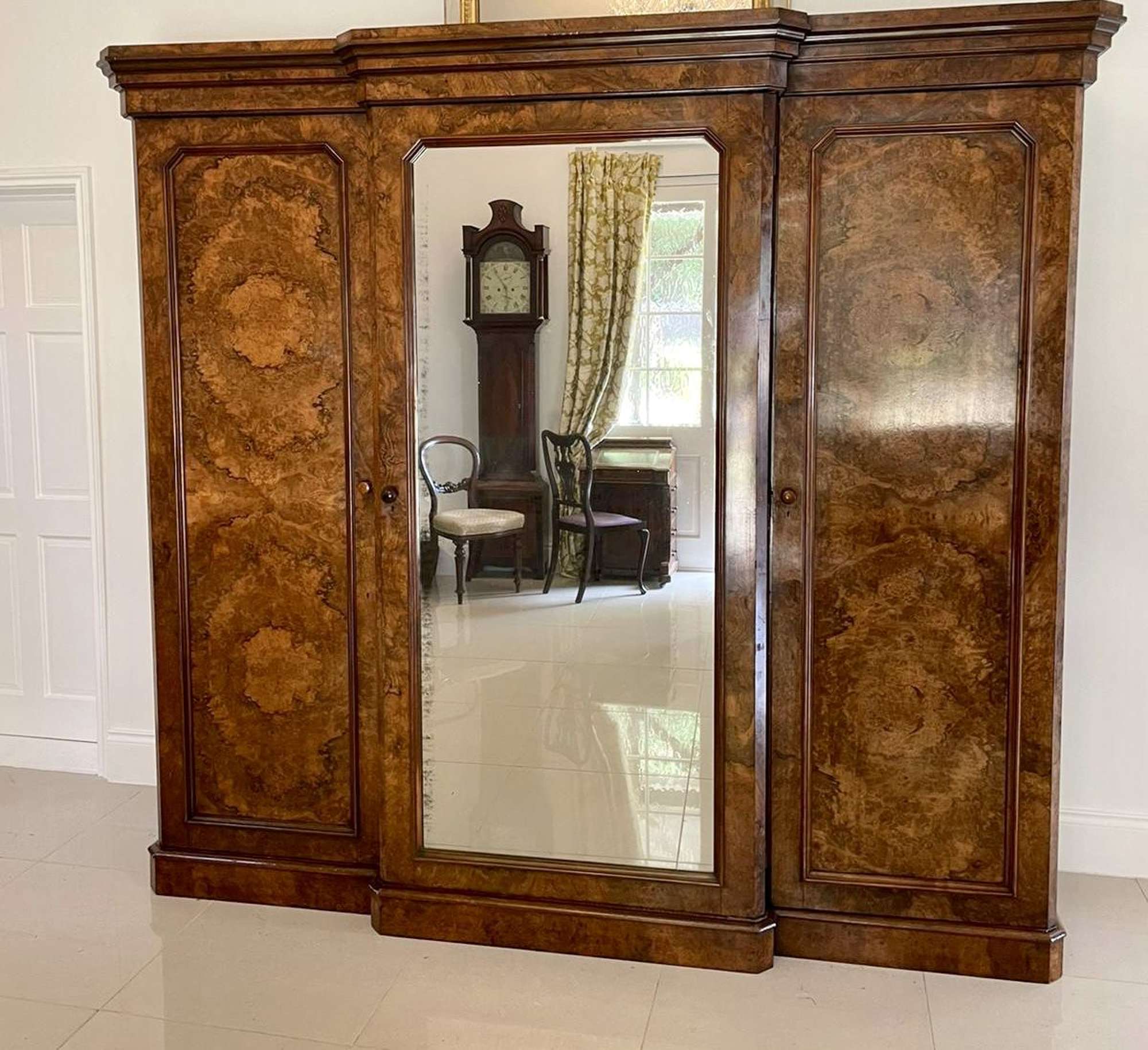 Outstanding Quality Large Antique Victorian Burr Walnut Breakfront Wardrobe
