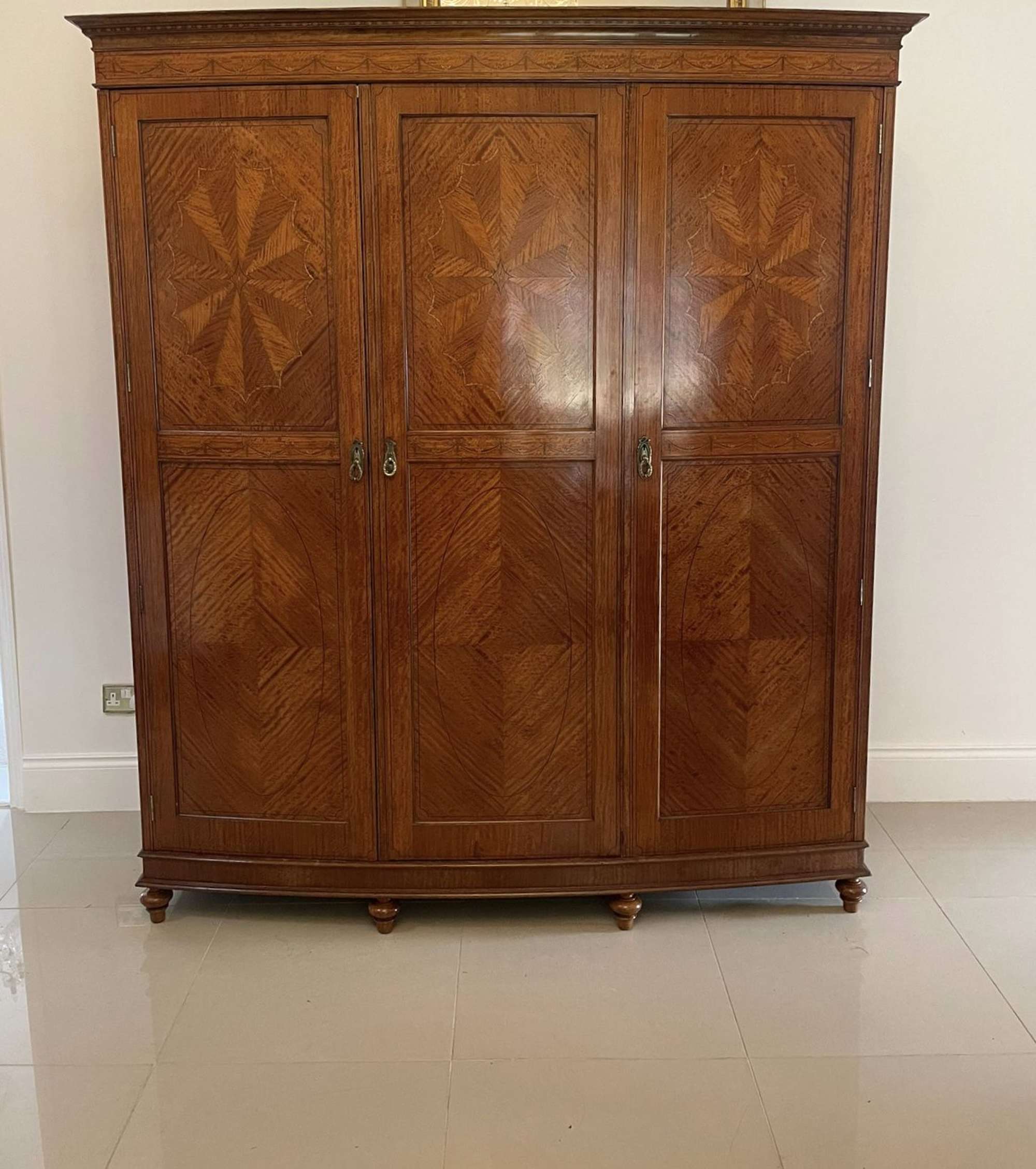 Outstanding Quality Antique Edwardian Satinwood Inlaid Bow Fronted Wardrobe