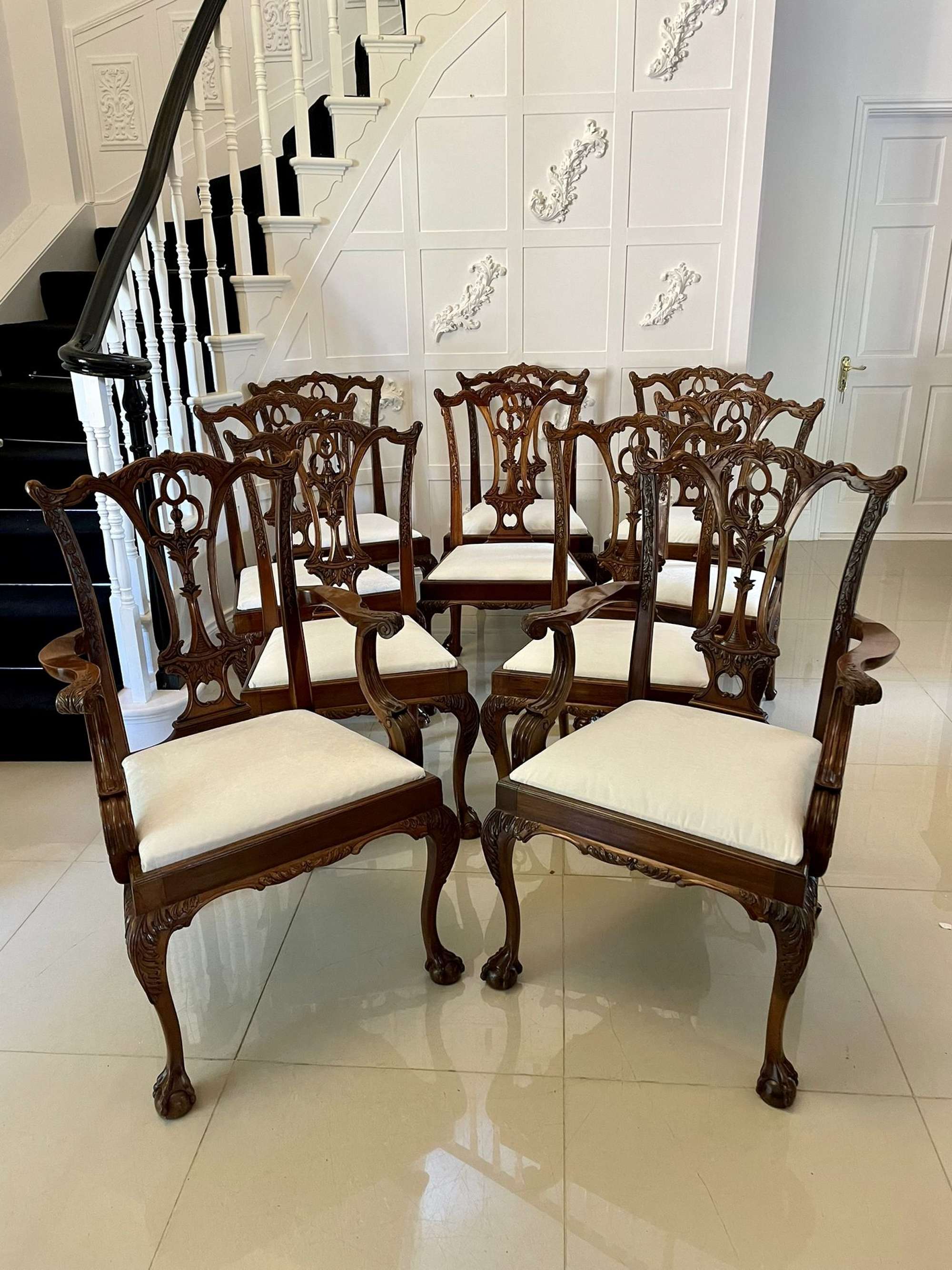 Fine Quality Set Of 10 Antique Carved Mahogany Dining Chairs