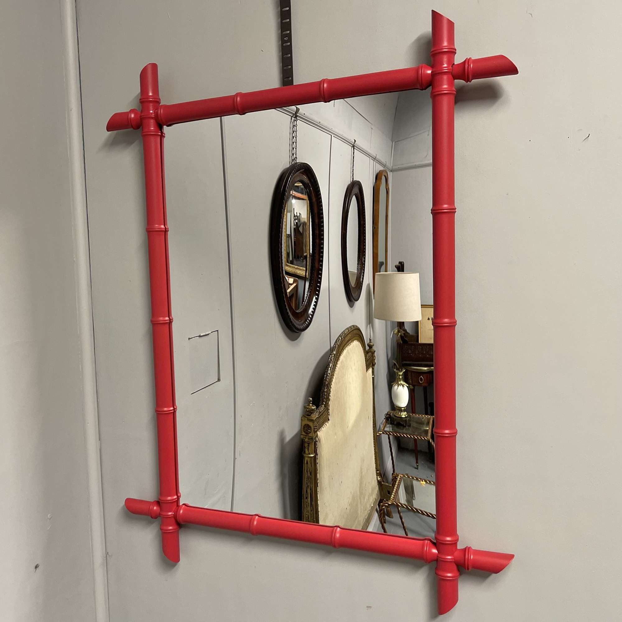 Large French Red Lacquered Faux Bamboo Mirror