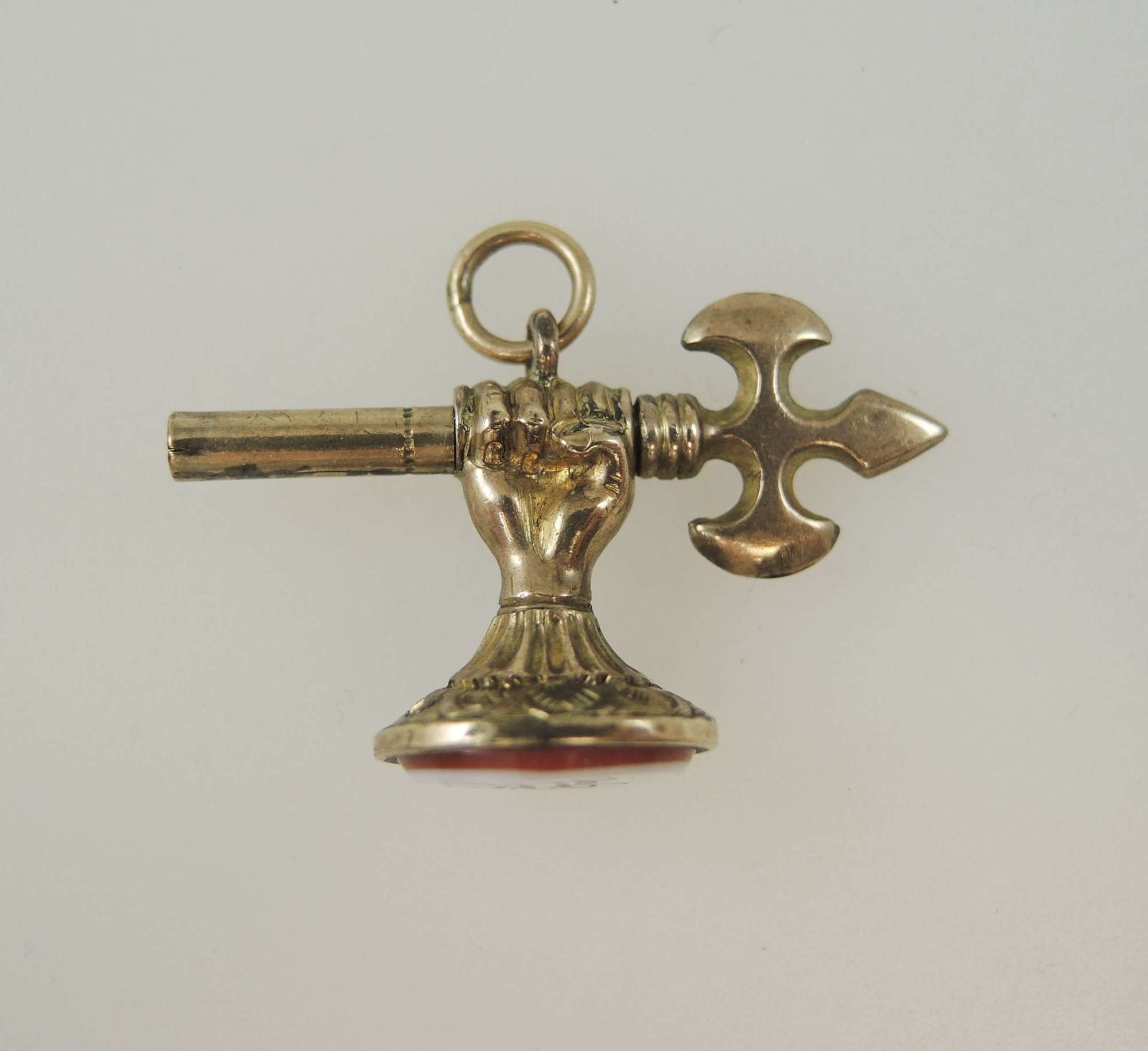 Rare gilt metal hand and Axe pocket watch key w/ JK initial seal c1850