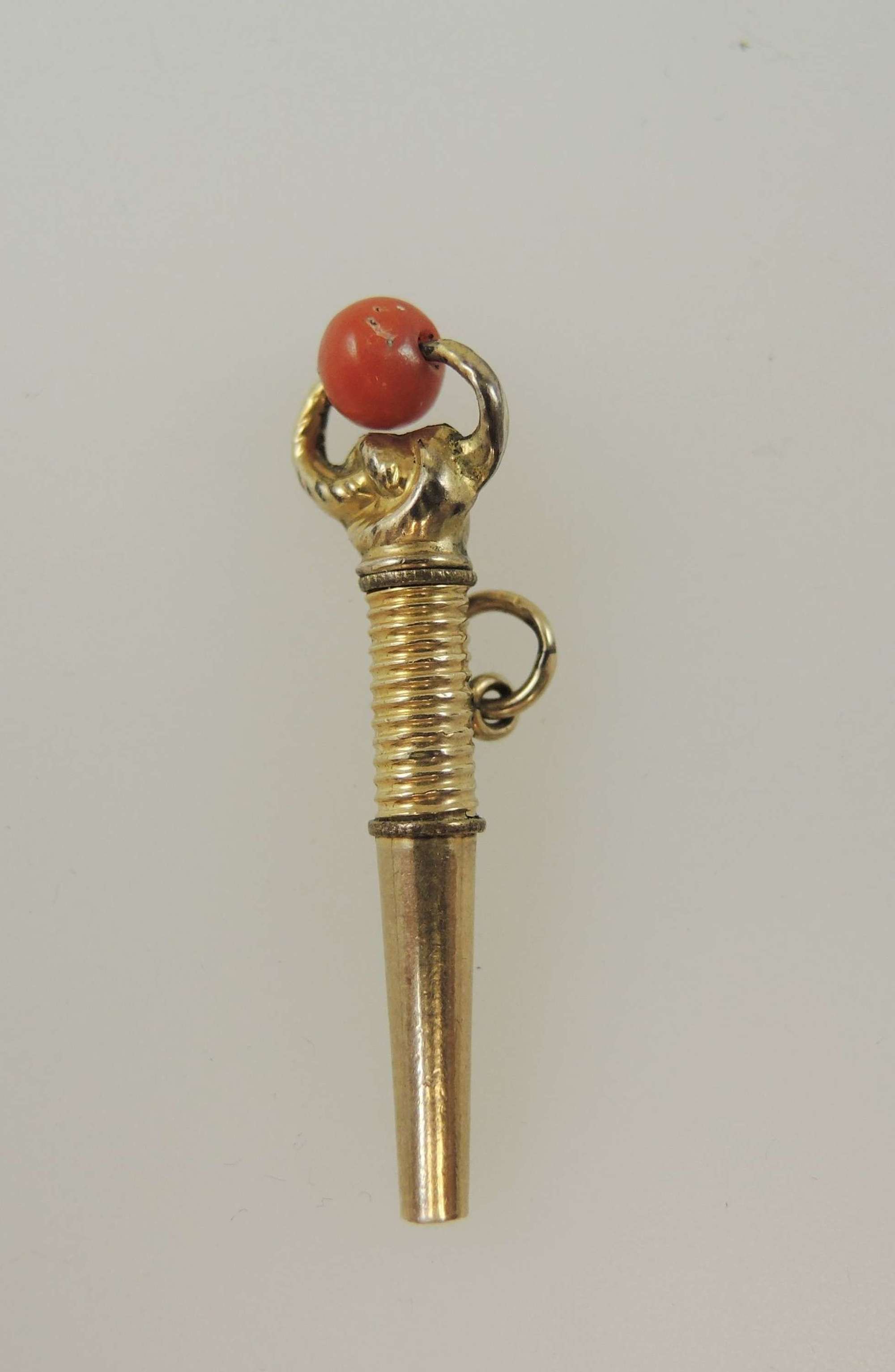 Georgian gilt metal and coral set pocket watch key c1810