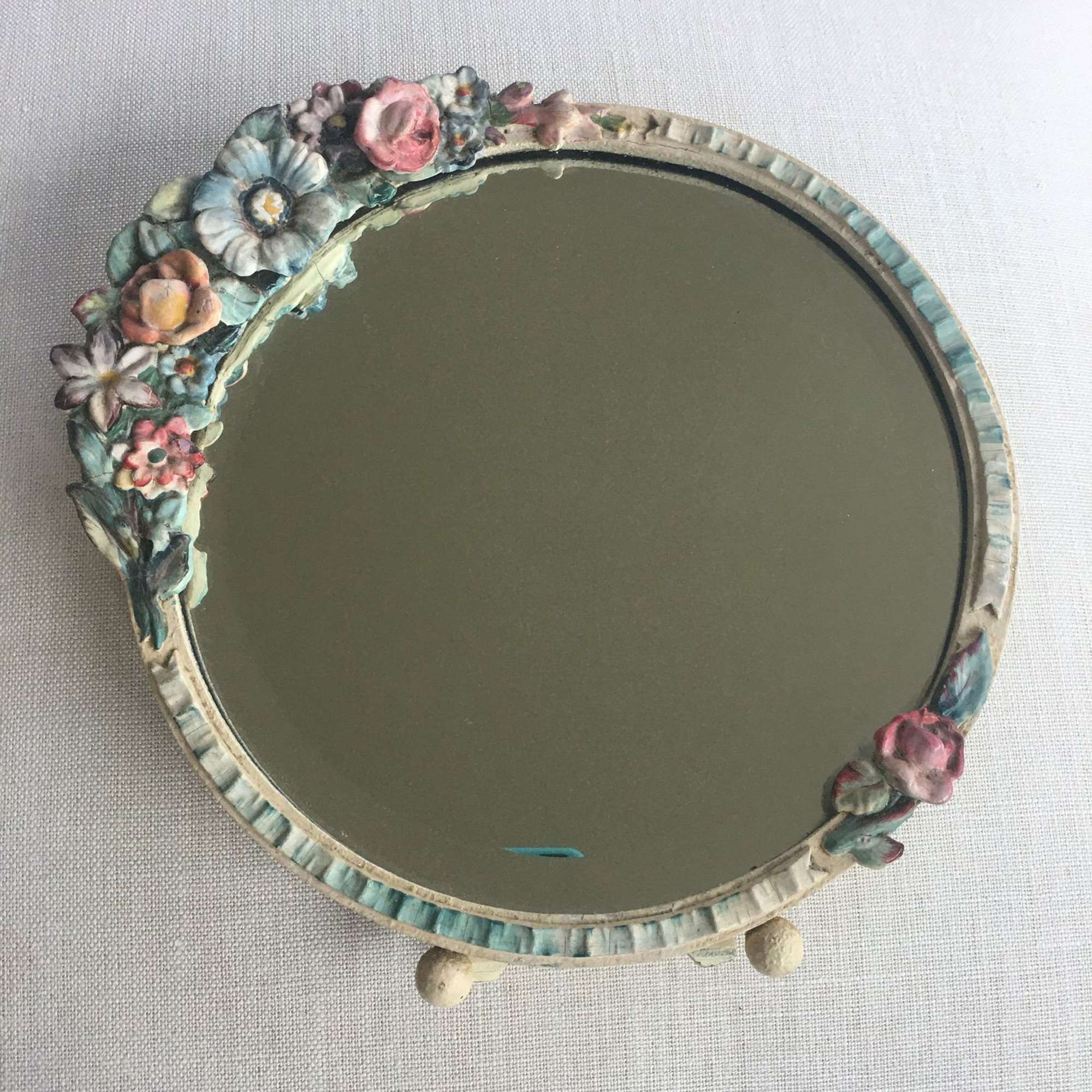 Vintage round cream floral Barbola mirror