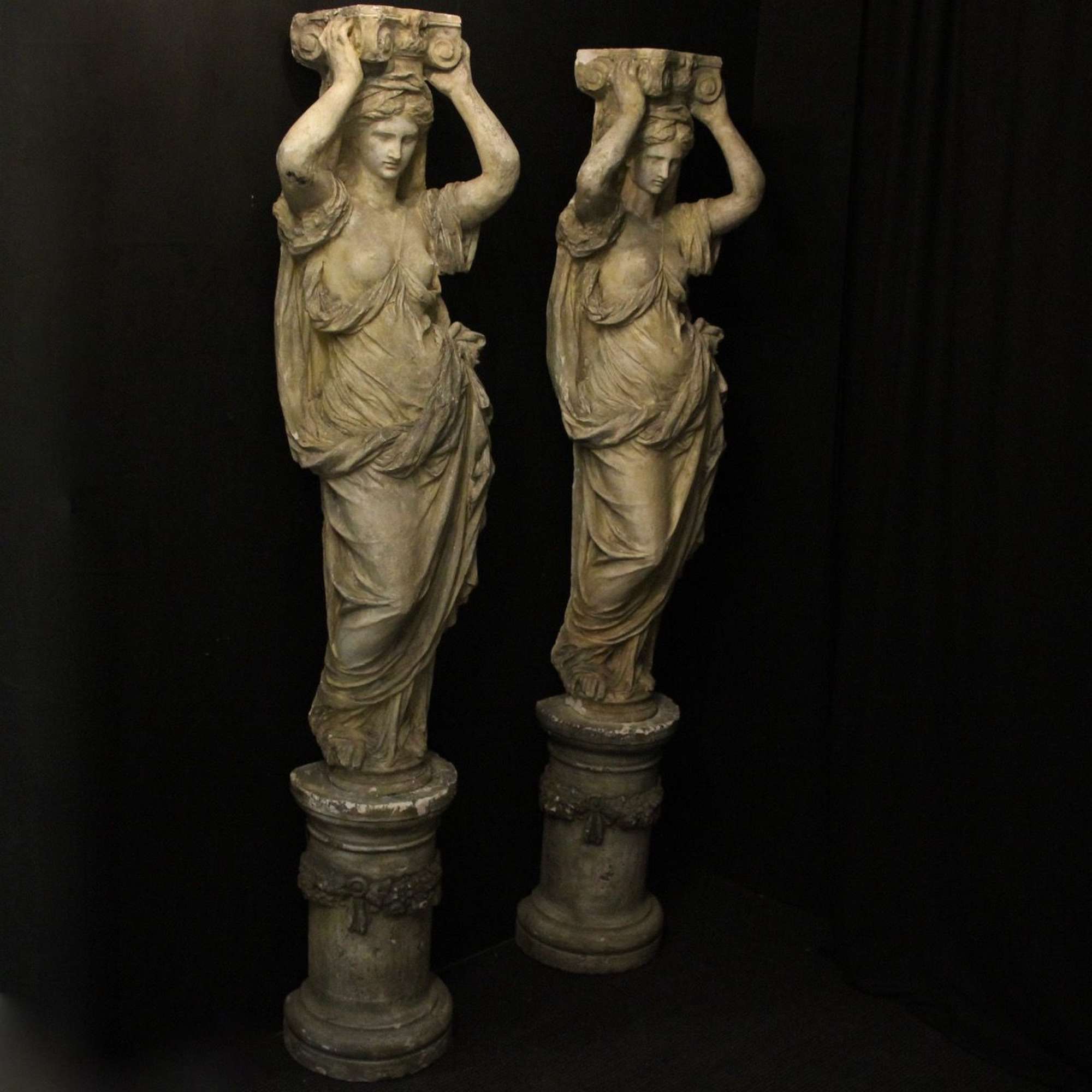 French Plaster Pair Of Caryatids With Pedestals