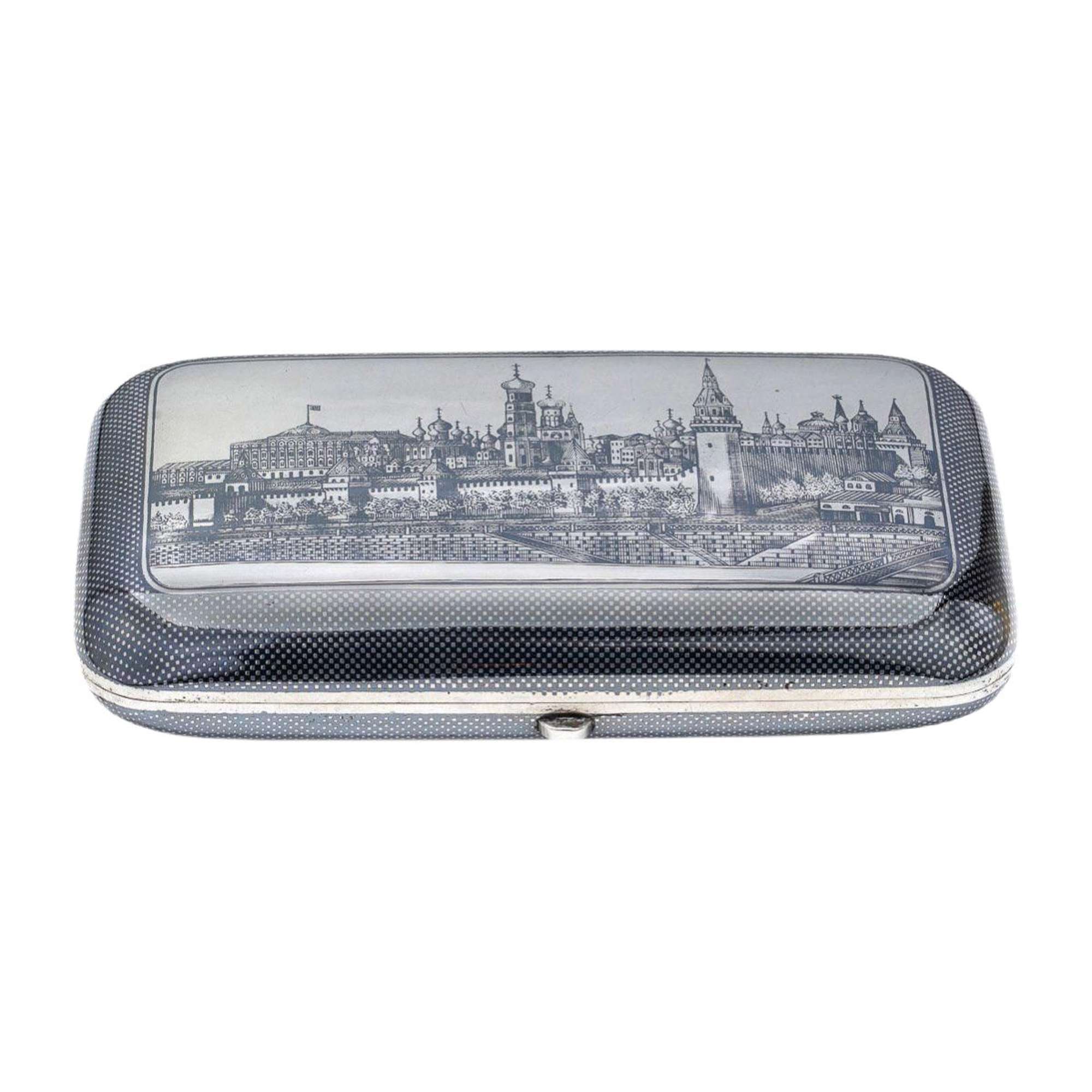 19th Century Russian Silver Cigarette Case with Blackened Kremlin Panorama