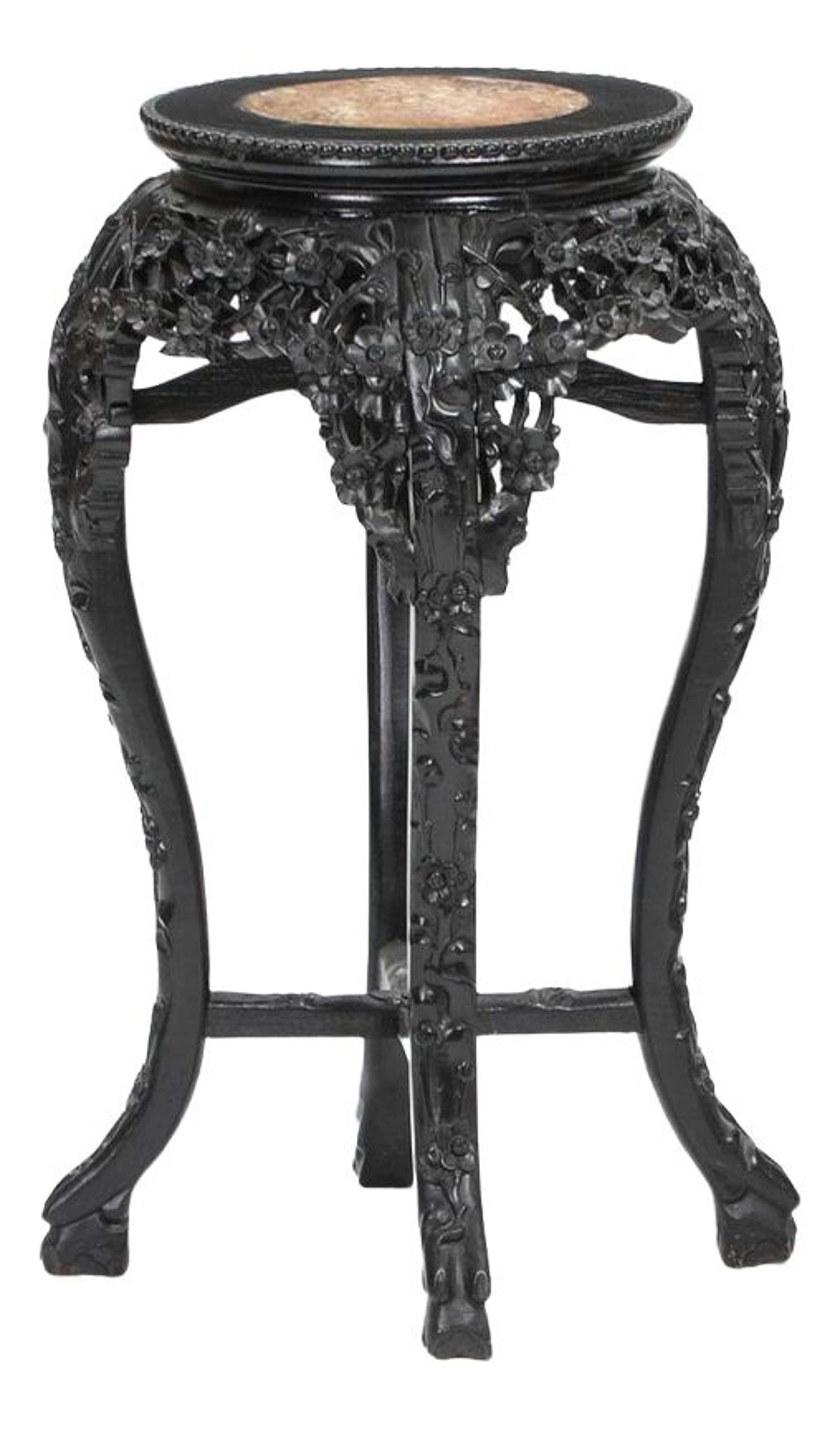 Carved Chinese Ebony Vase Stand with Marble