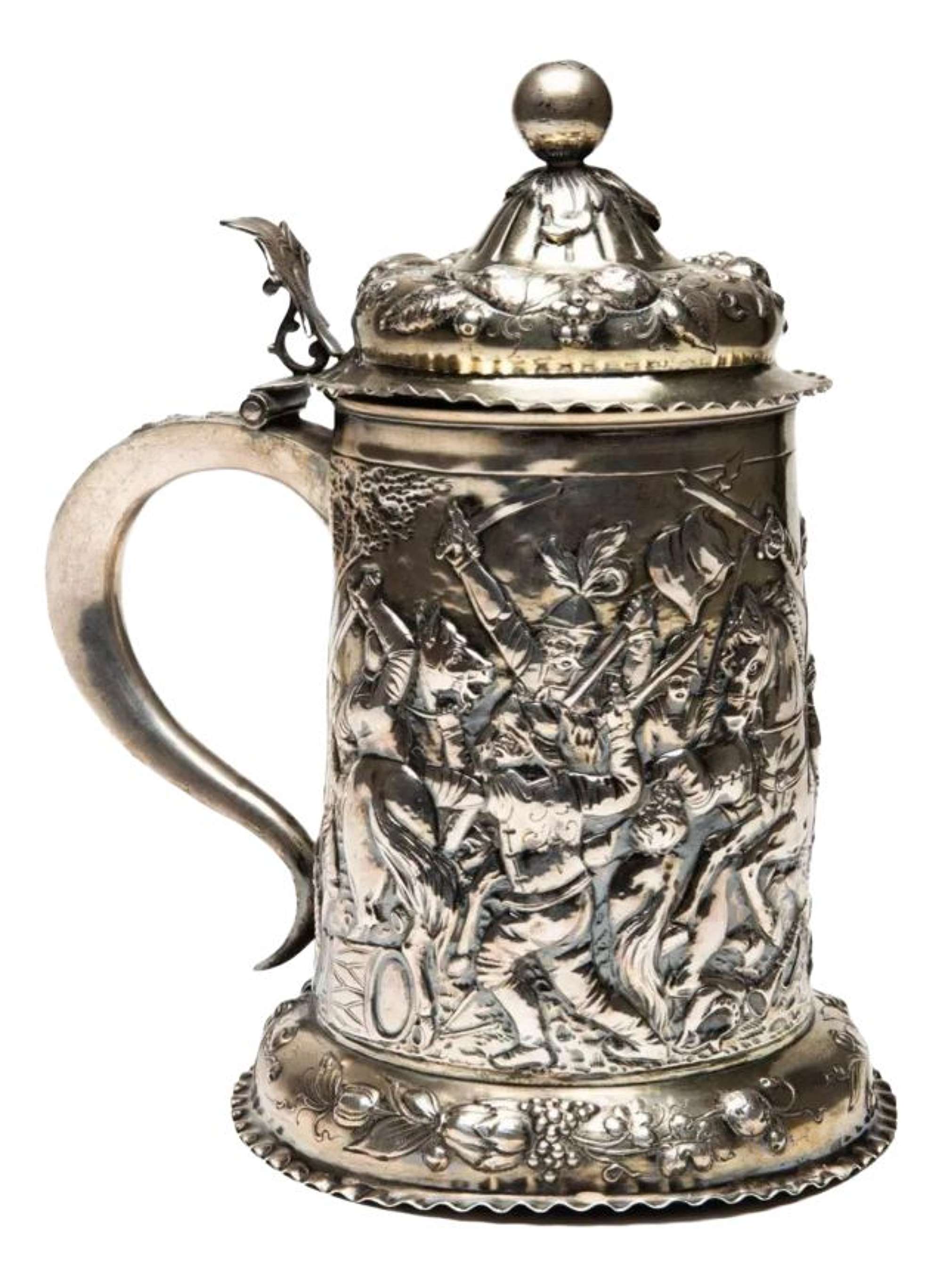 Silver Beer Mug with Battle Scenes, Early 19th Century