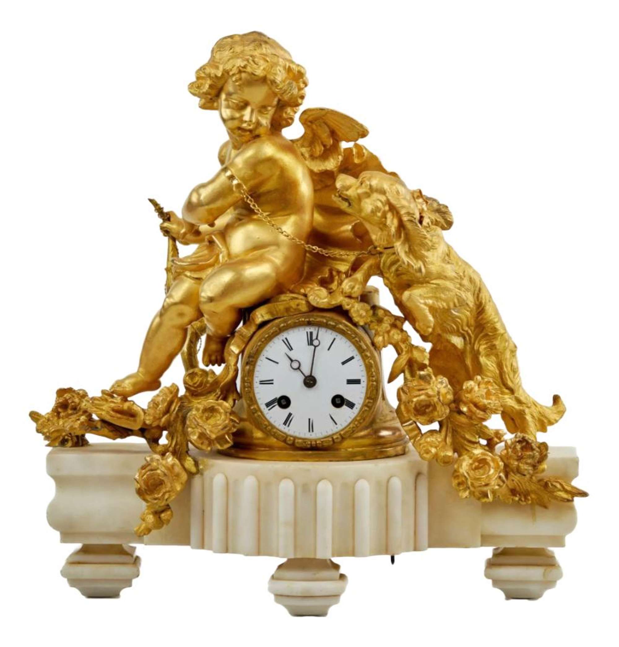 Putti with a Dog Mantel Clock by Philippe Mourey