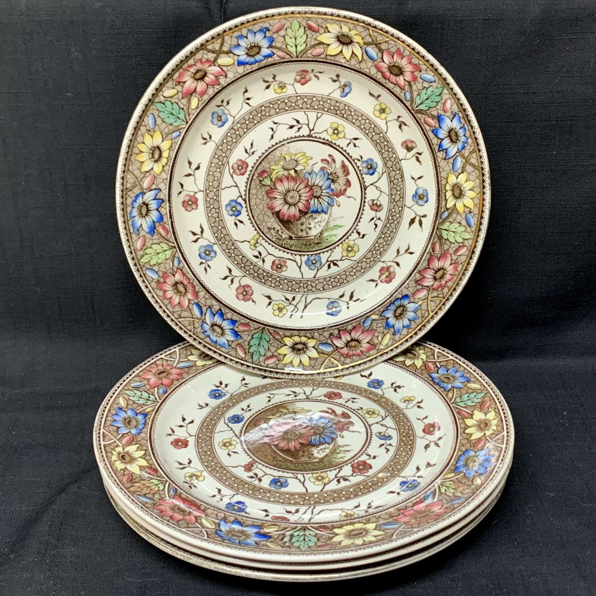 4 Antique Brown Transferware Plates ~ SUNFLOWERS 1883 Palmyra