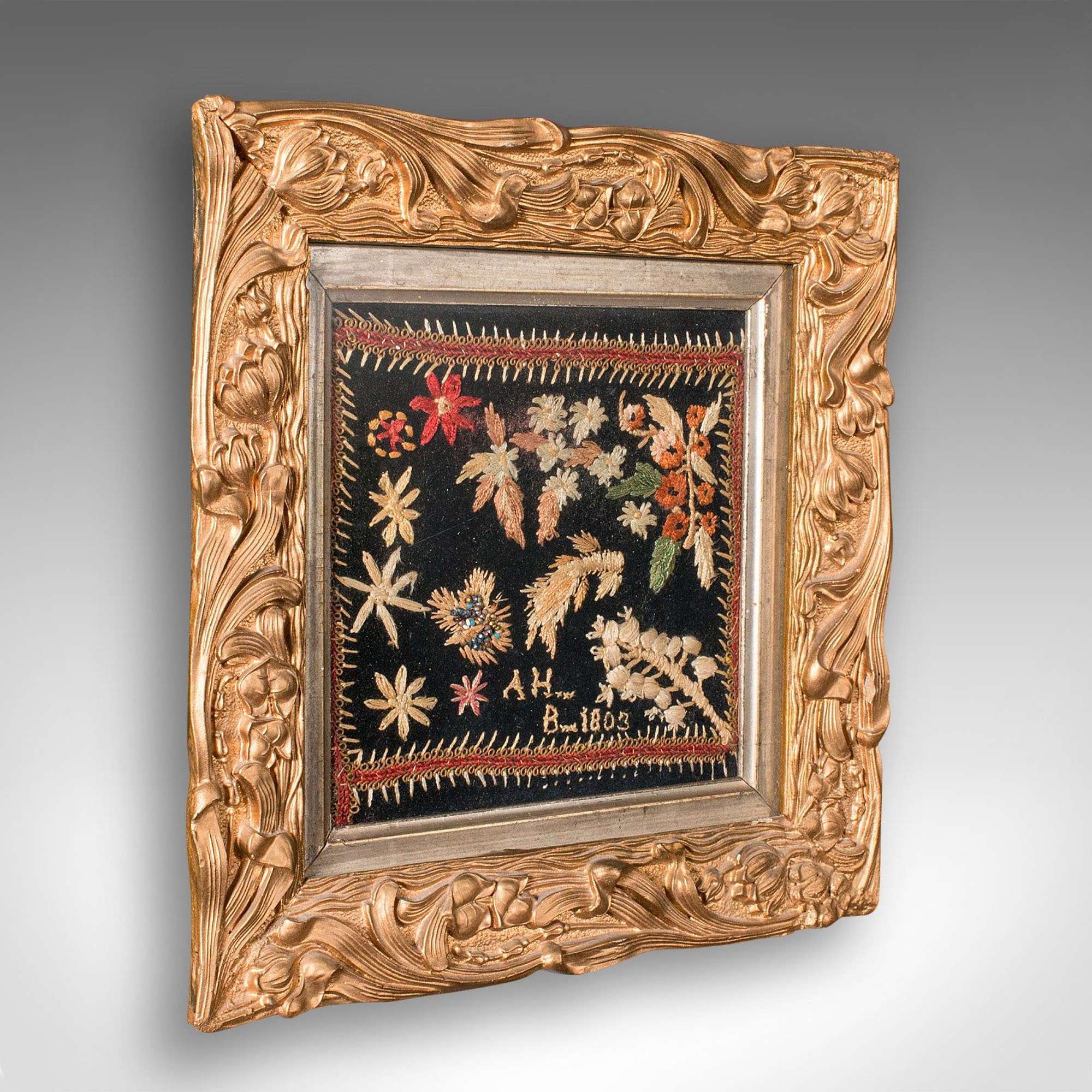 Small Antique Framed Embroidered Sampler, English, Needlepoint, Georgian, C.1800