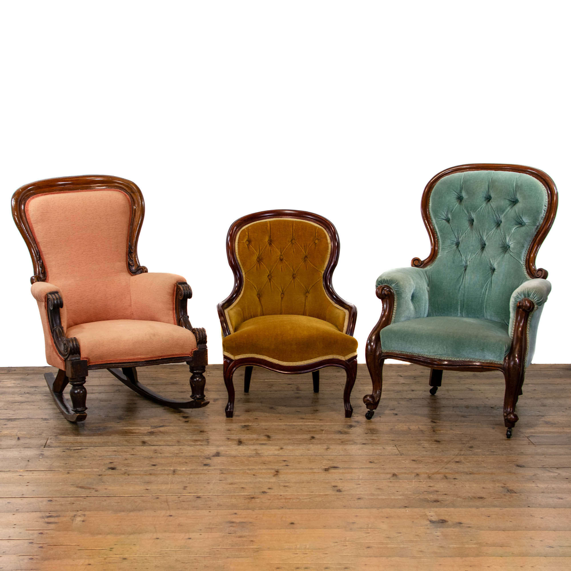 Harlequin Set Of Three Victorian Balloon Back Antique Armchairs