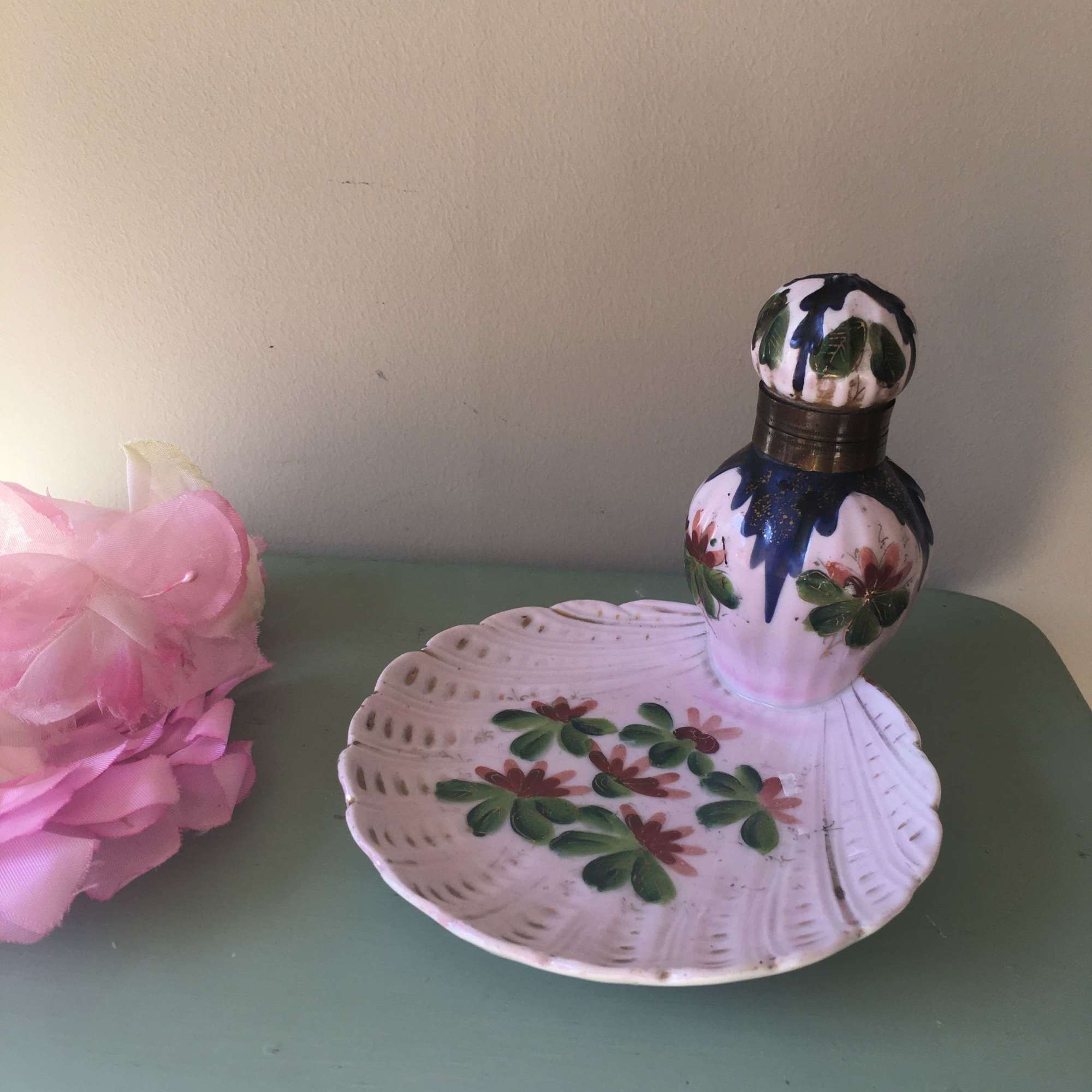 Antique ladies pink and blue porcelain inkwell