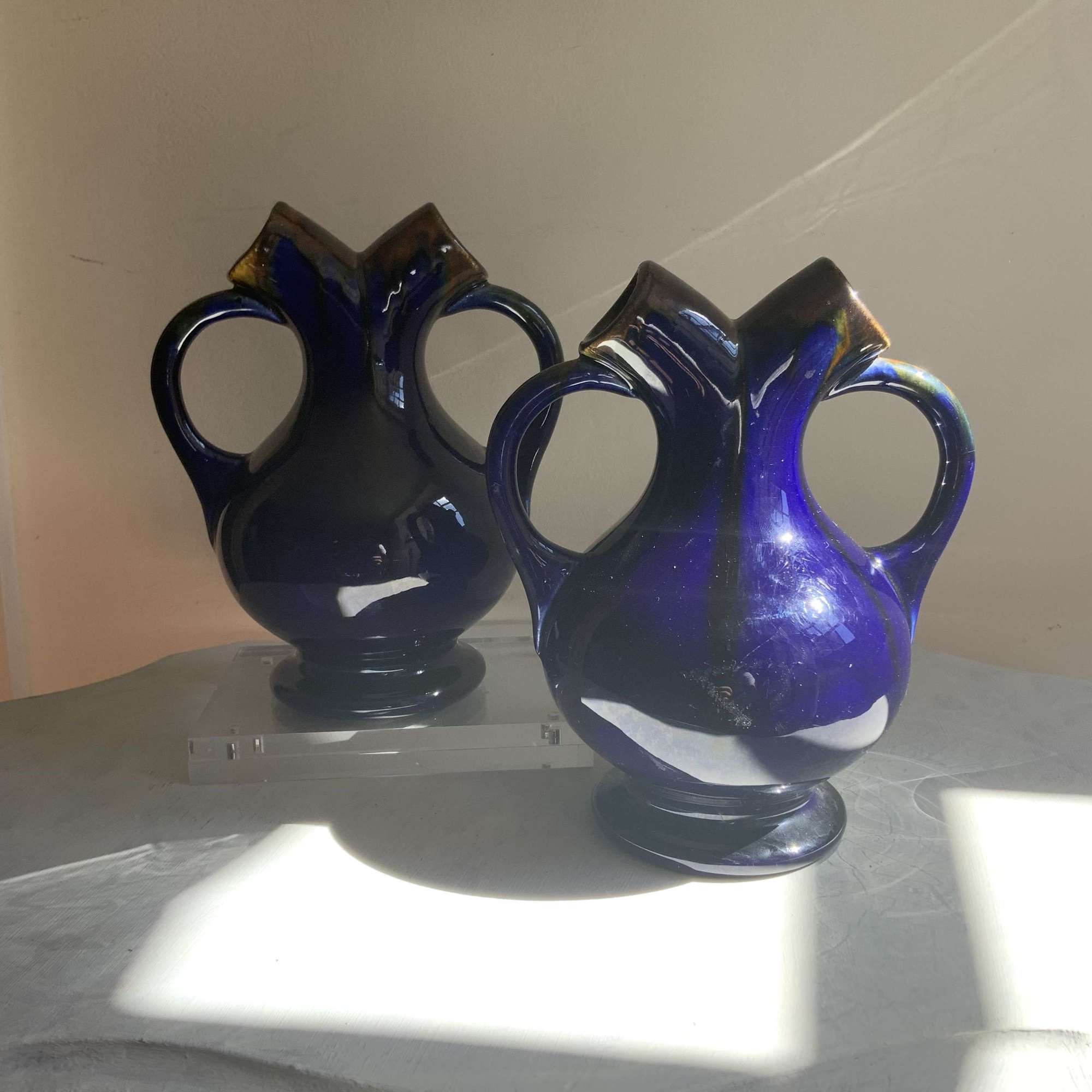 Faïencerie de Thulin ‘Wedding Vases’ cobalt blue and brown drip-glaze