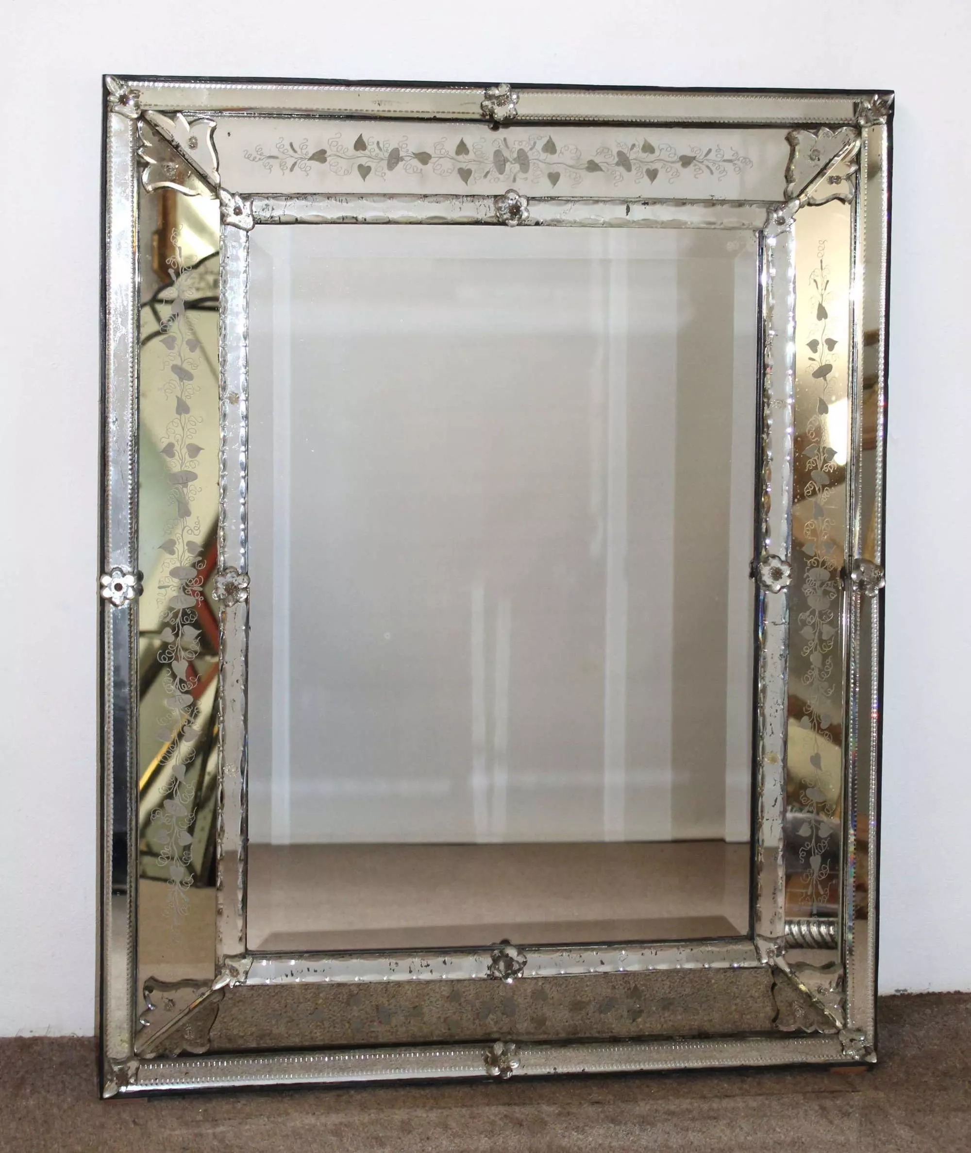 Antique cushioned Venetian mirror with etched layered frame in ...