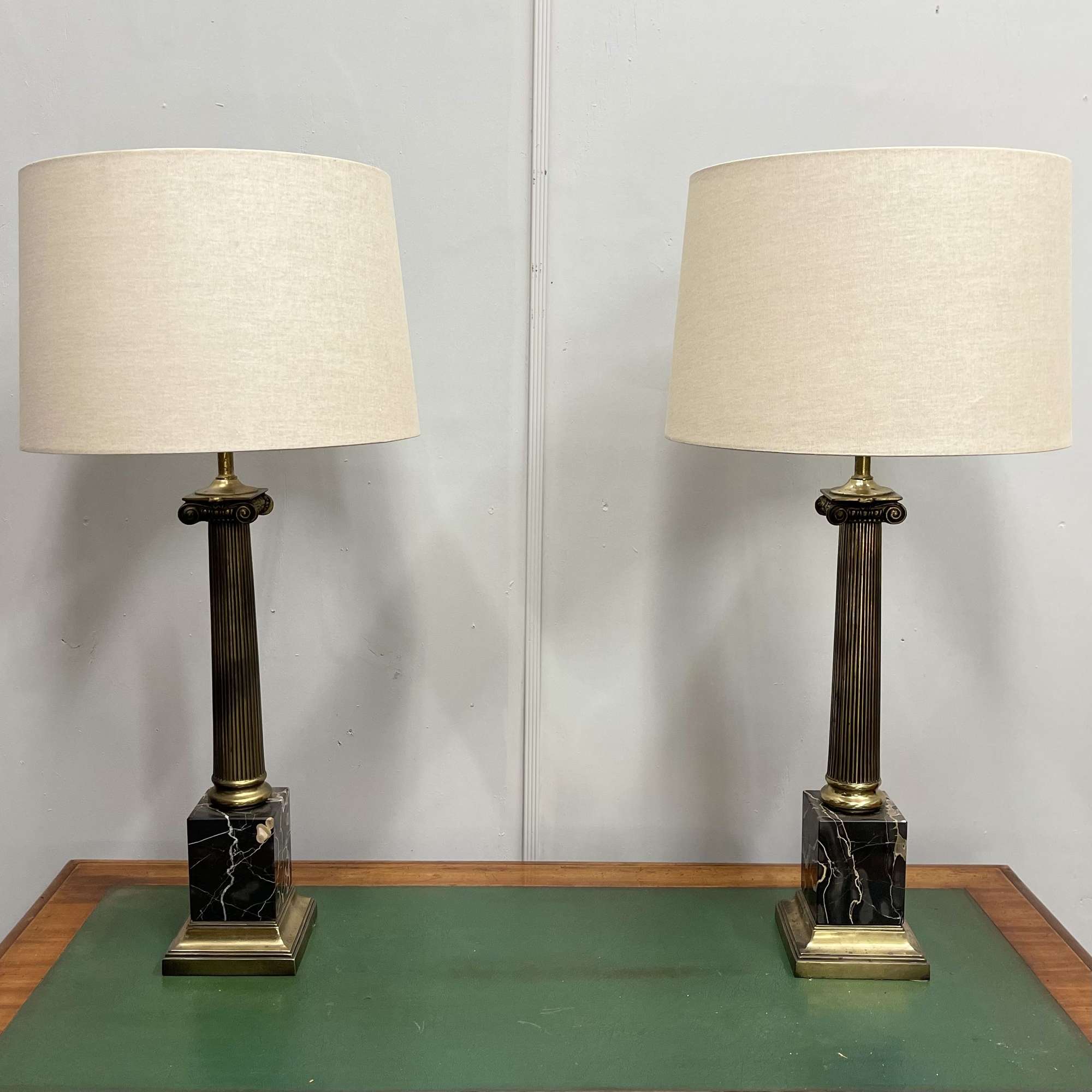 Pair Of Vintage Brass And Marble Column Table Lamps