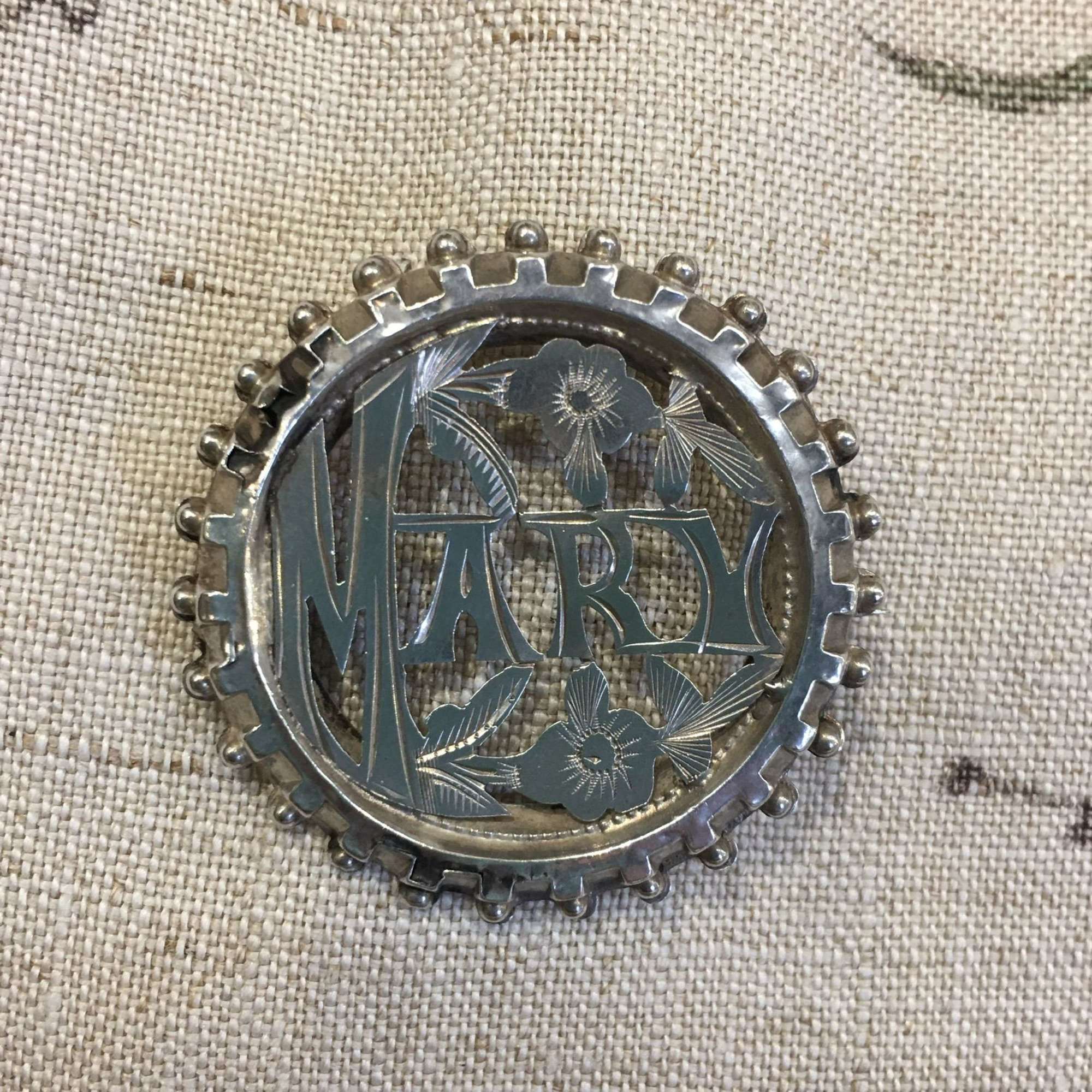 Large round Georgian antique silver name brooch “Mary” h/m 1833