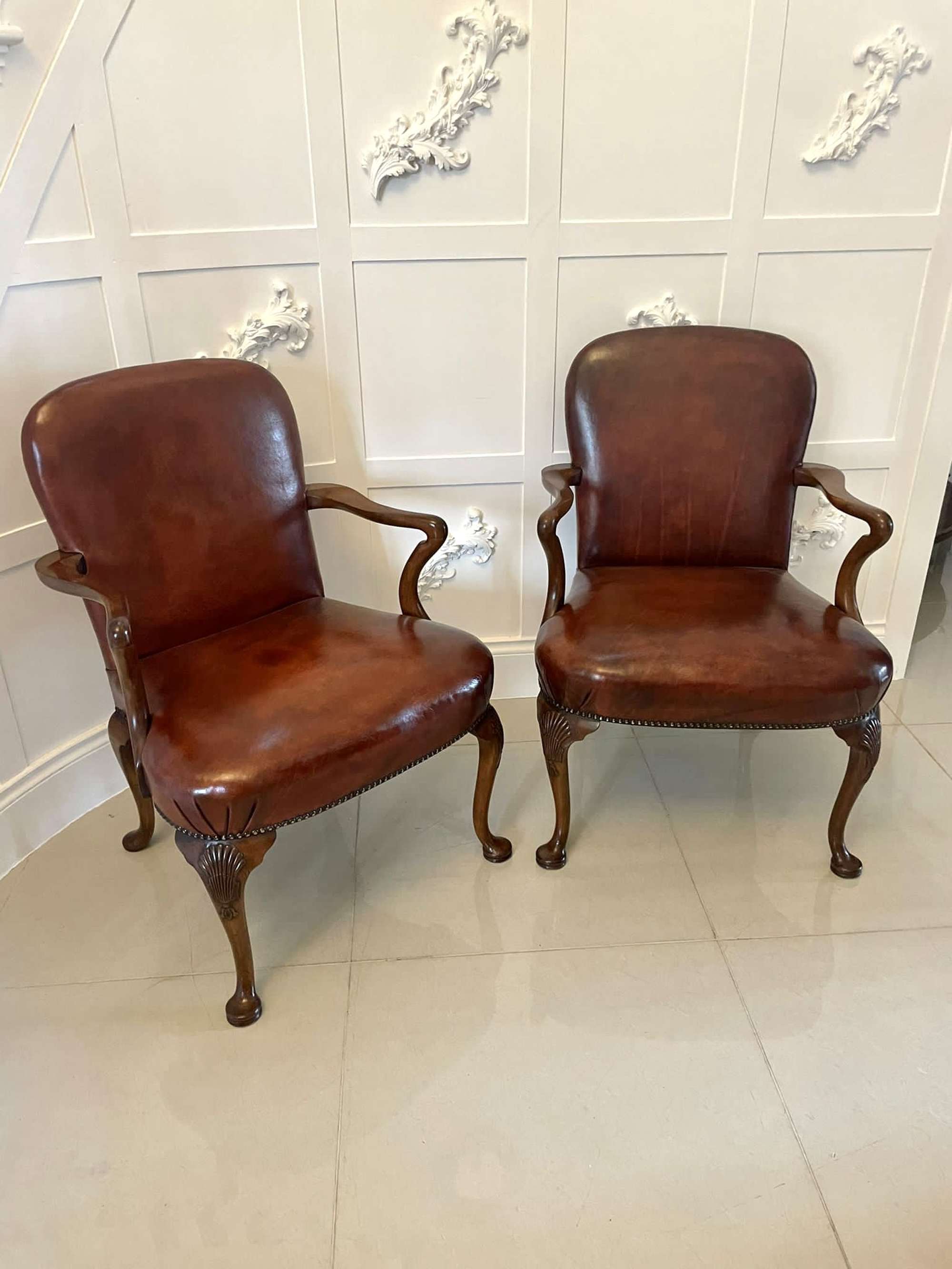 Pair Of Antique Quality Leather And Carved Walnut Desk Chairs