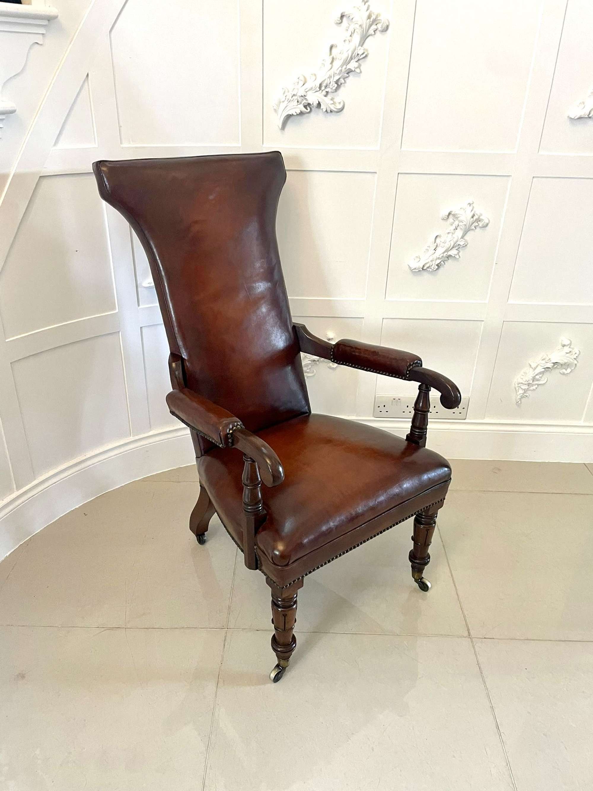 Unusual Antique Quality William Iv Leather And Mahogany Library Chair