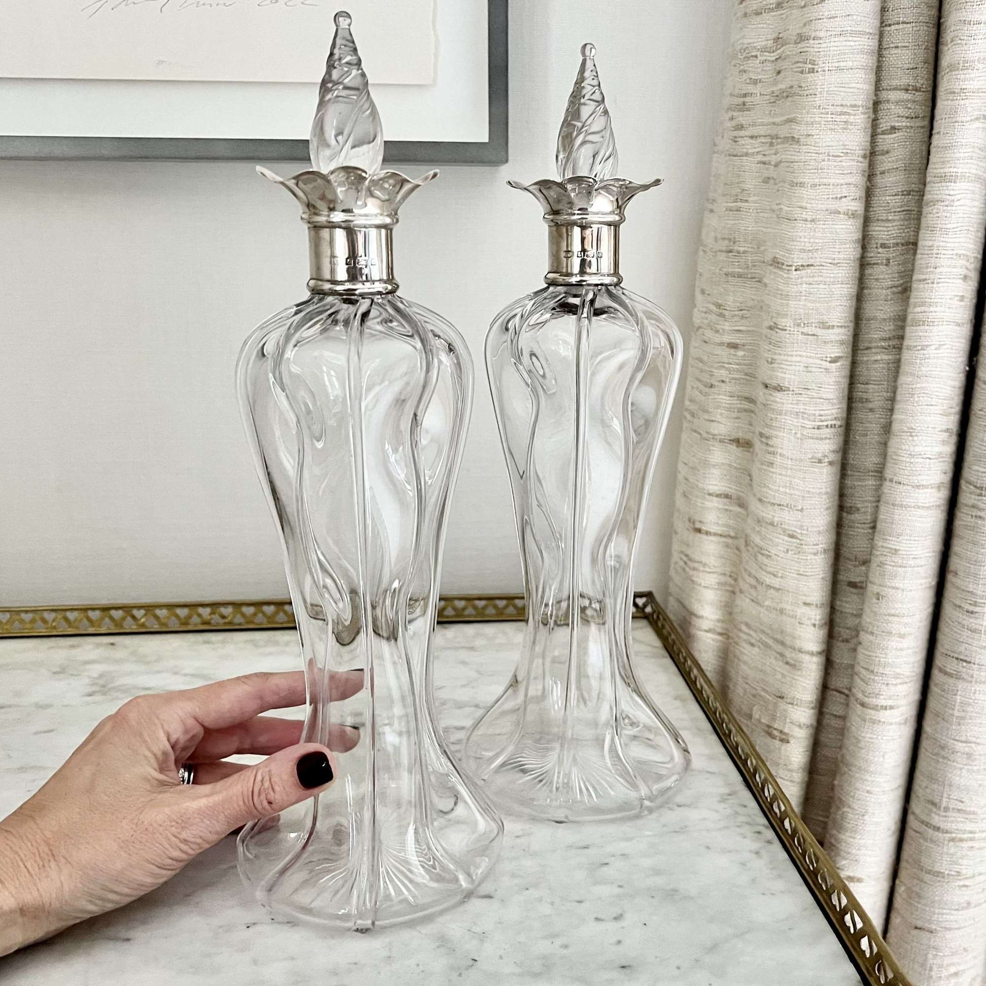Pair of silver collar Art Nouveau glass decanters