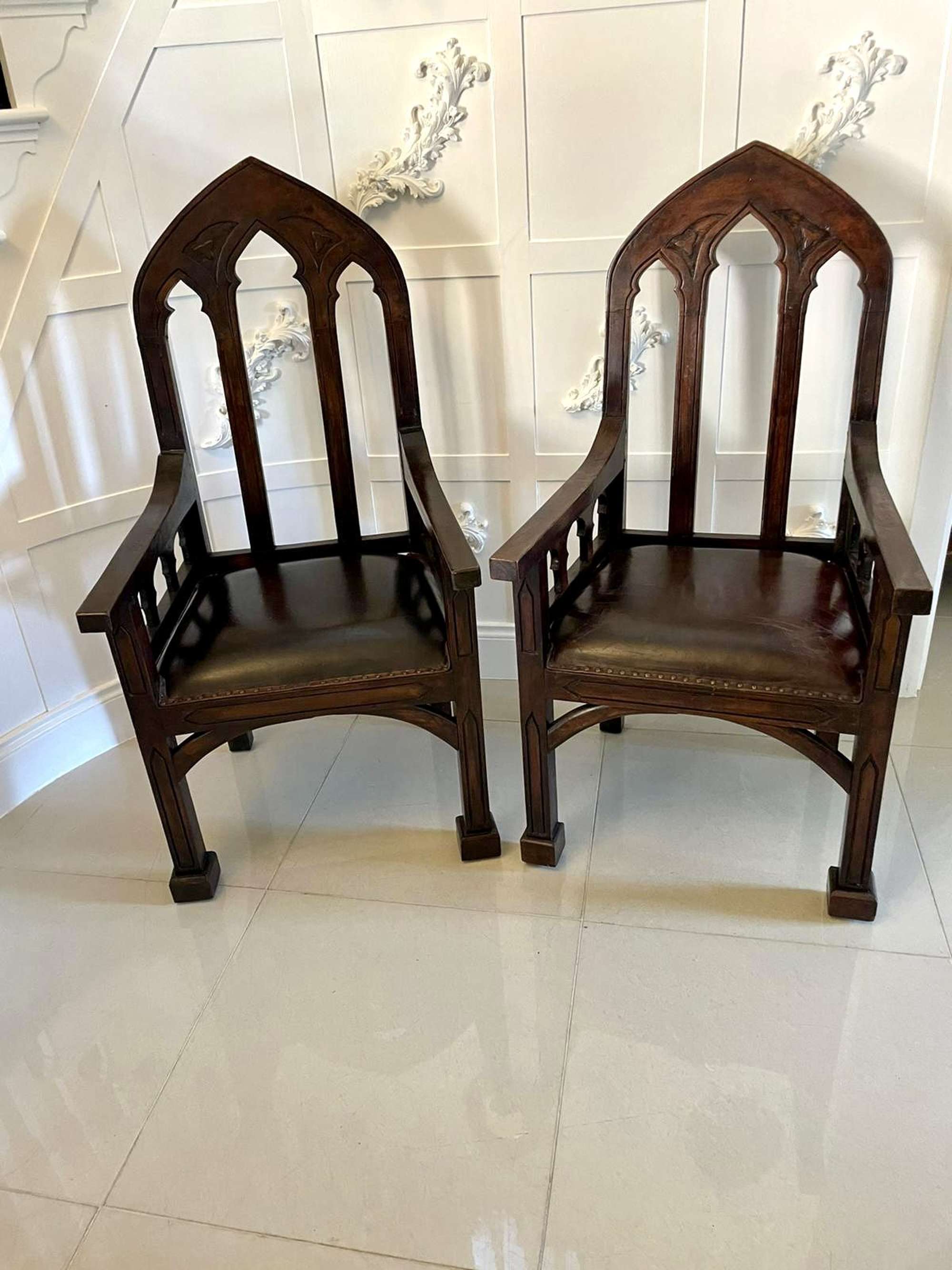 Unusual Large Pair Of Antique Victorian Quality Oak Gothic Throne Armchairs