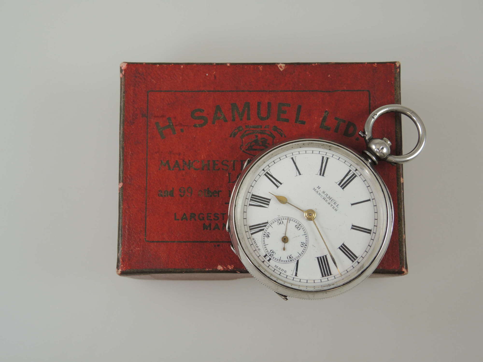 Vintage silver key wound pocket watch by H Samuel with box c1900