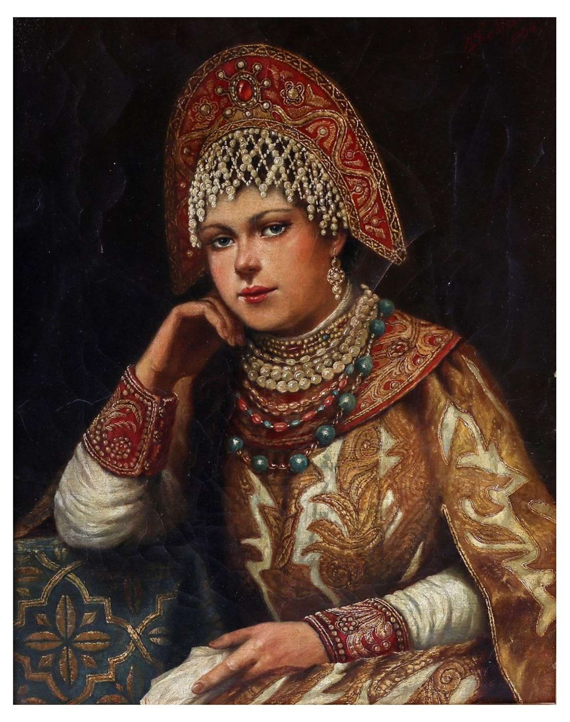 V. Bobrov, Portrait of Russian Woman in a Kokoshnik, 1904, Oil on Canvas, Framed