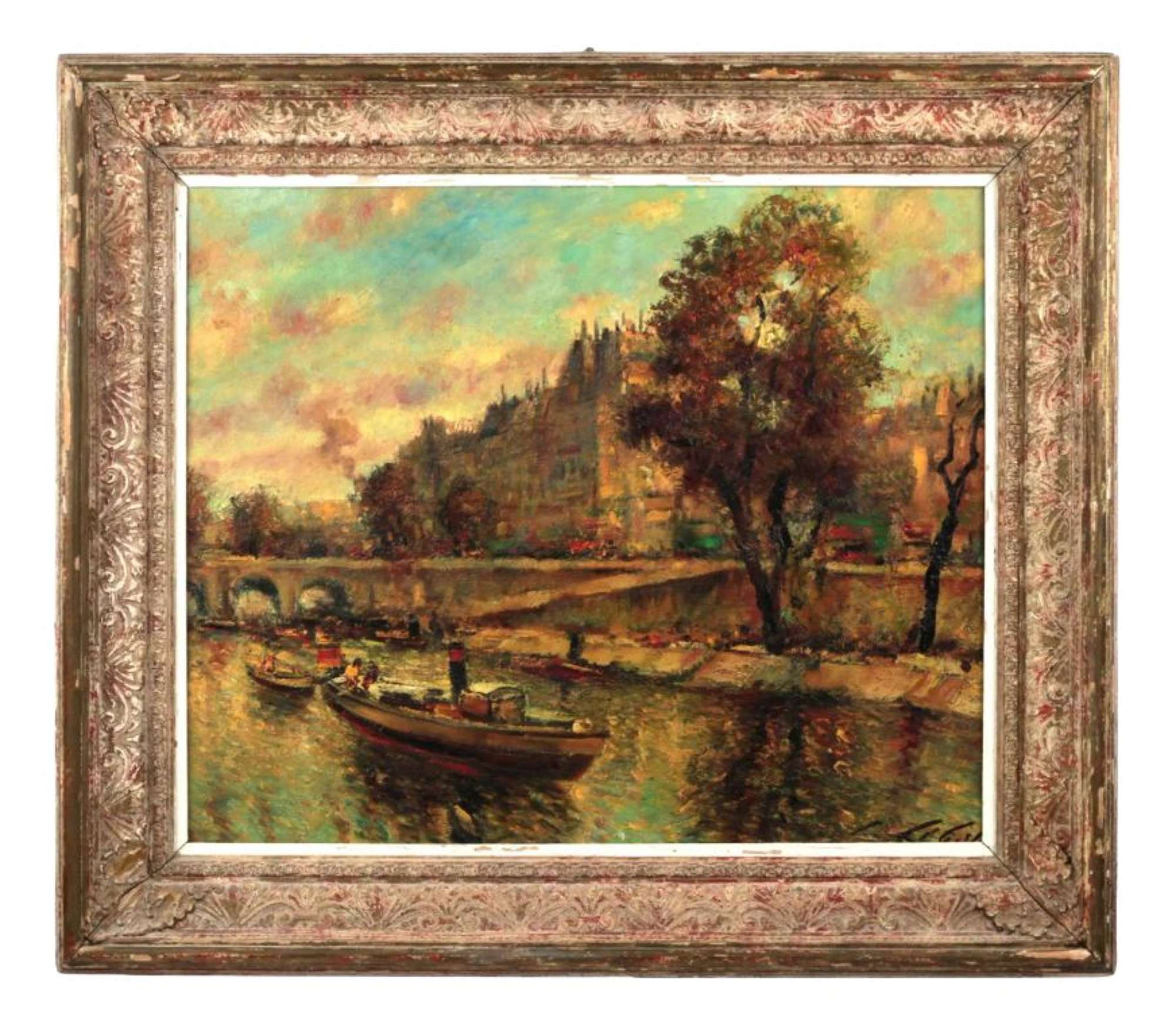 L Liebert, View of Paris from the Seine, 20th Century, Oil on Canvas, Framed