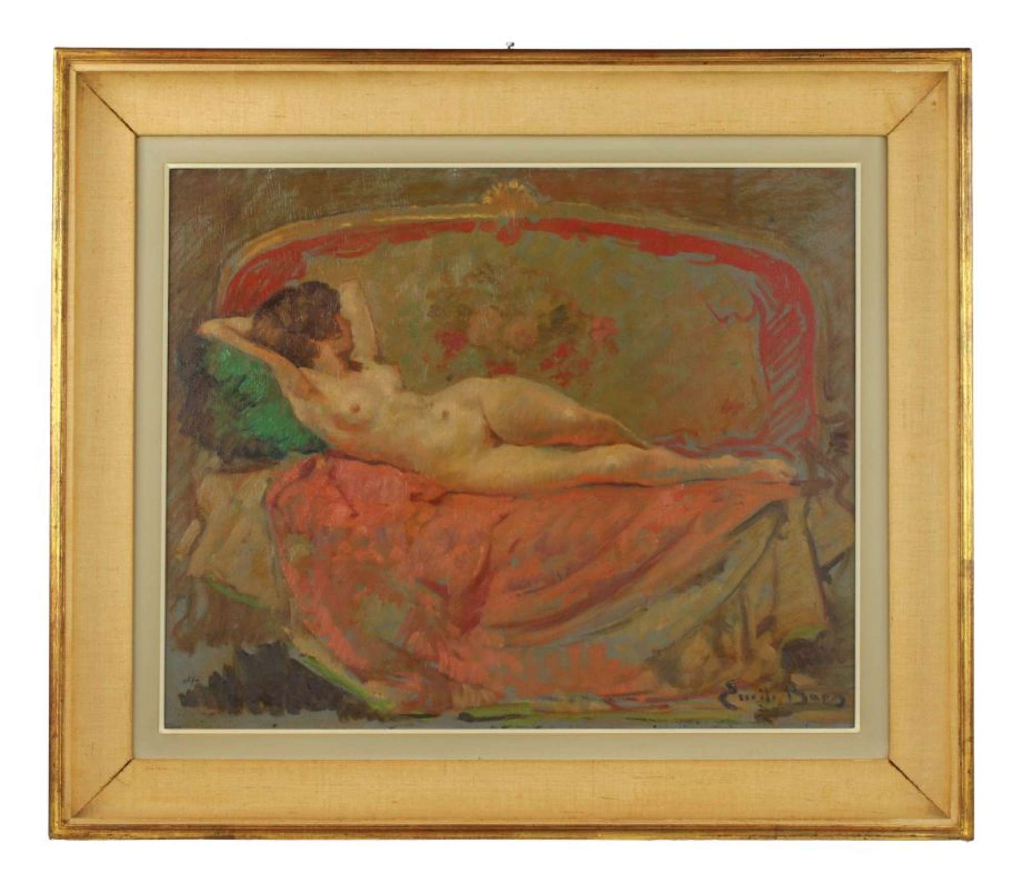 Emile Baes, Nude on Sofa, 19th-20th Century, Oil on Panel, Framed