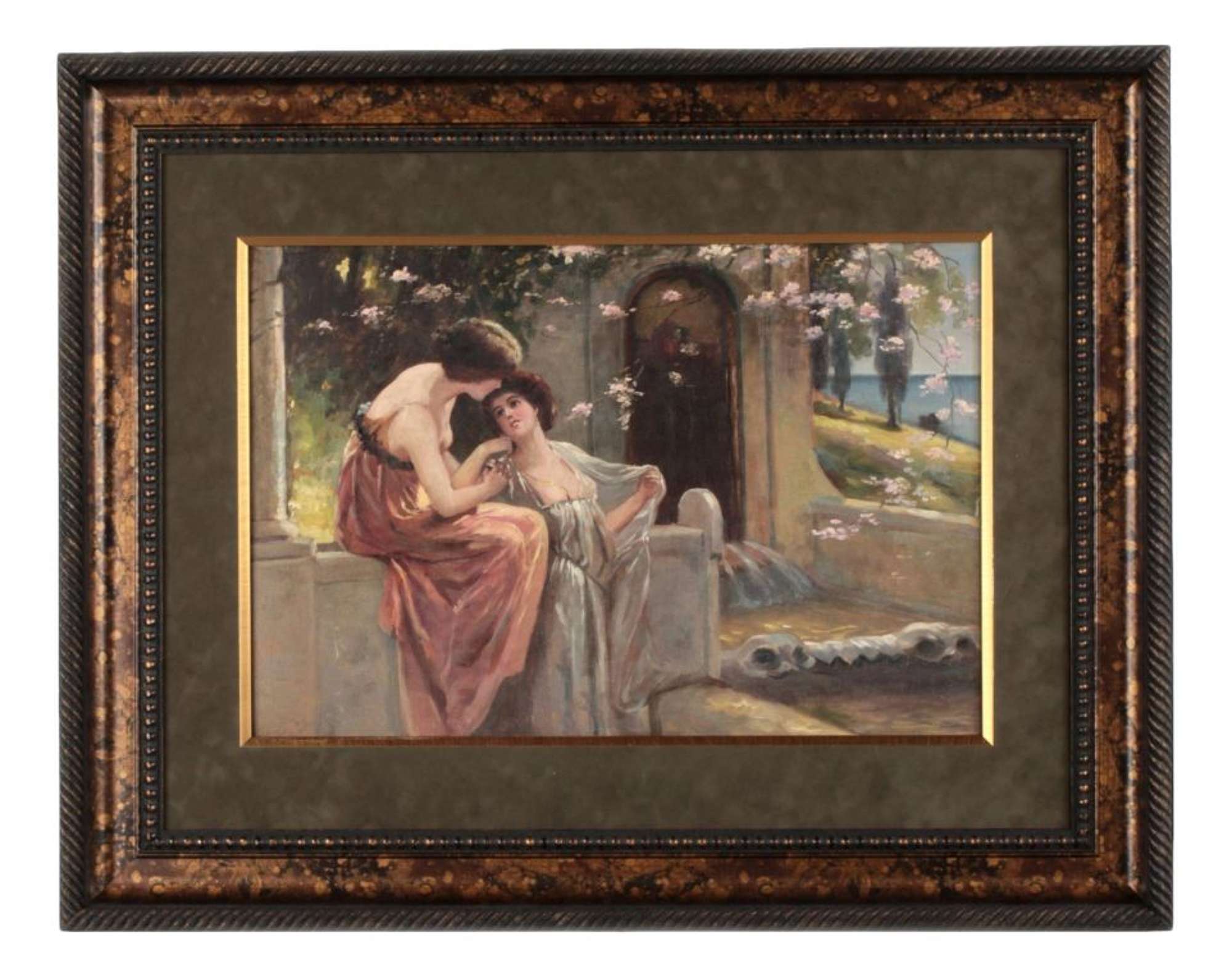At the Fountain, 1900, Oil on Board, Framed