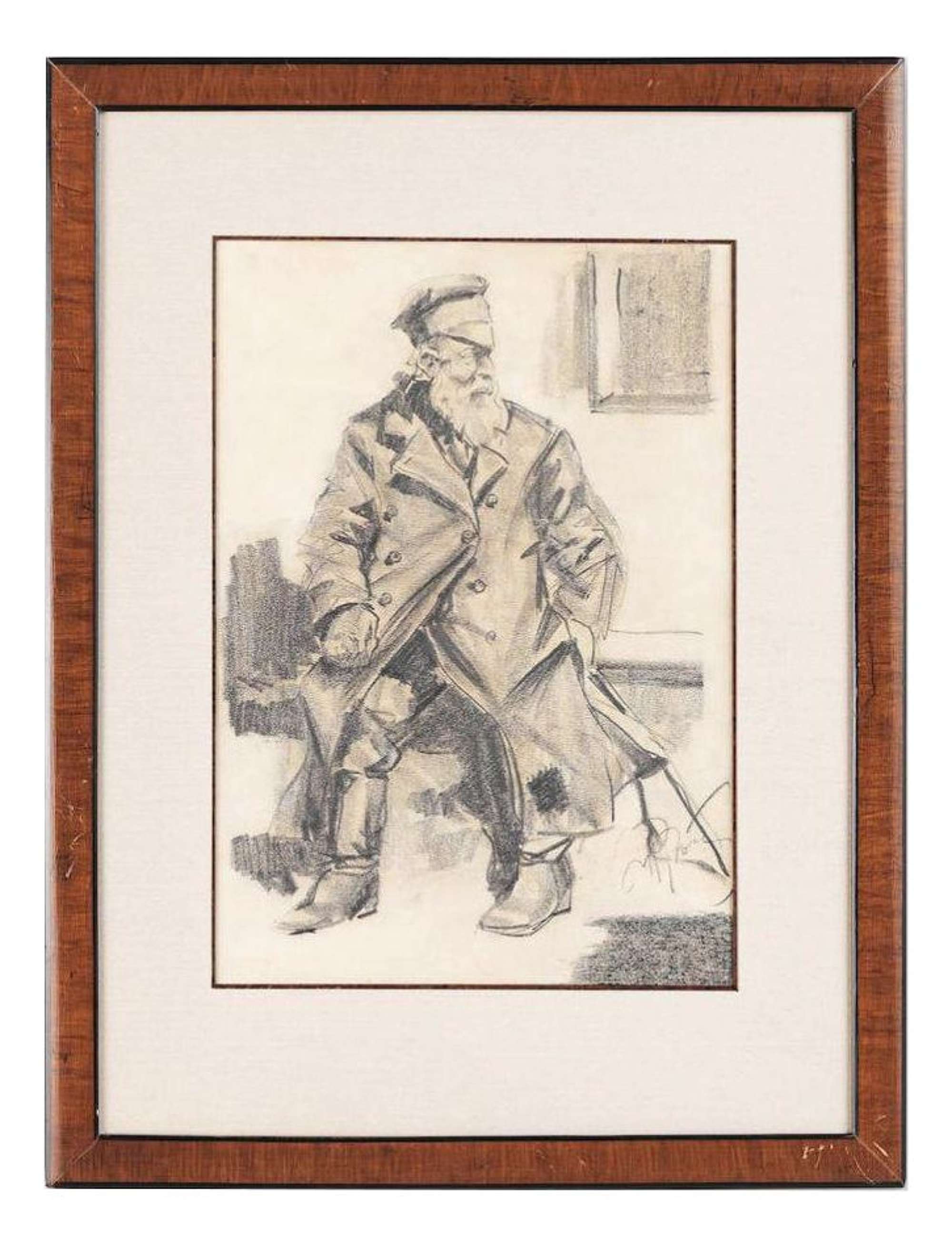 I. Repin, Old Man on the Bench, Pencil on Paper, Framed