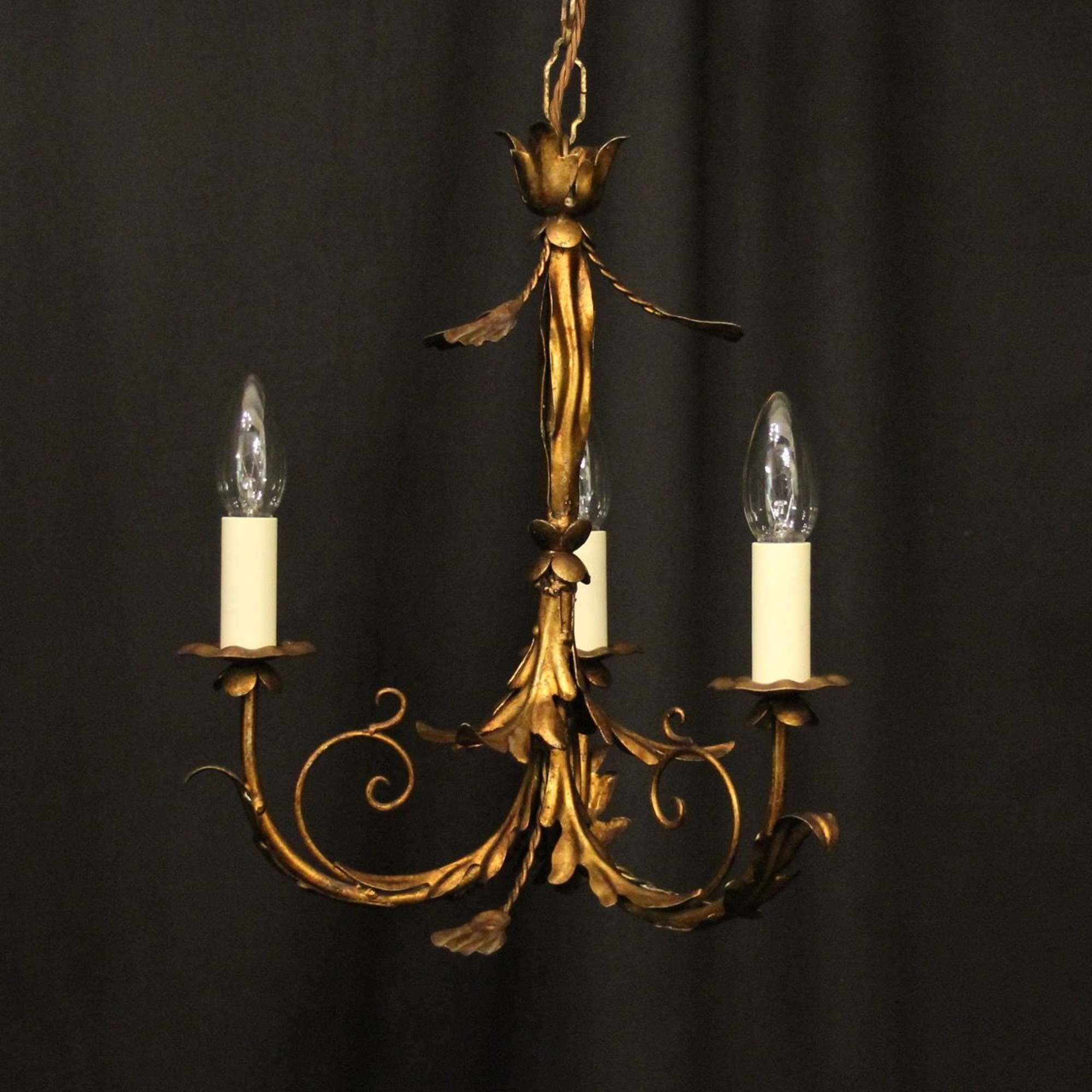 French Gilded Toleware Triple Light Chandelier