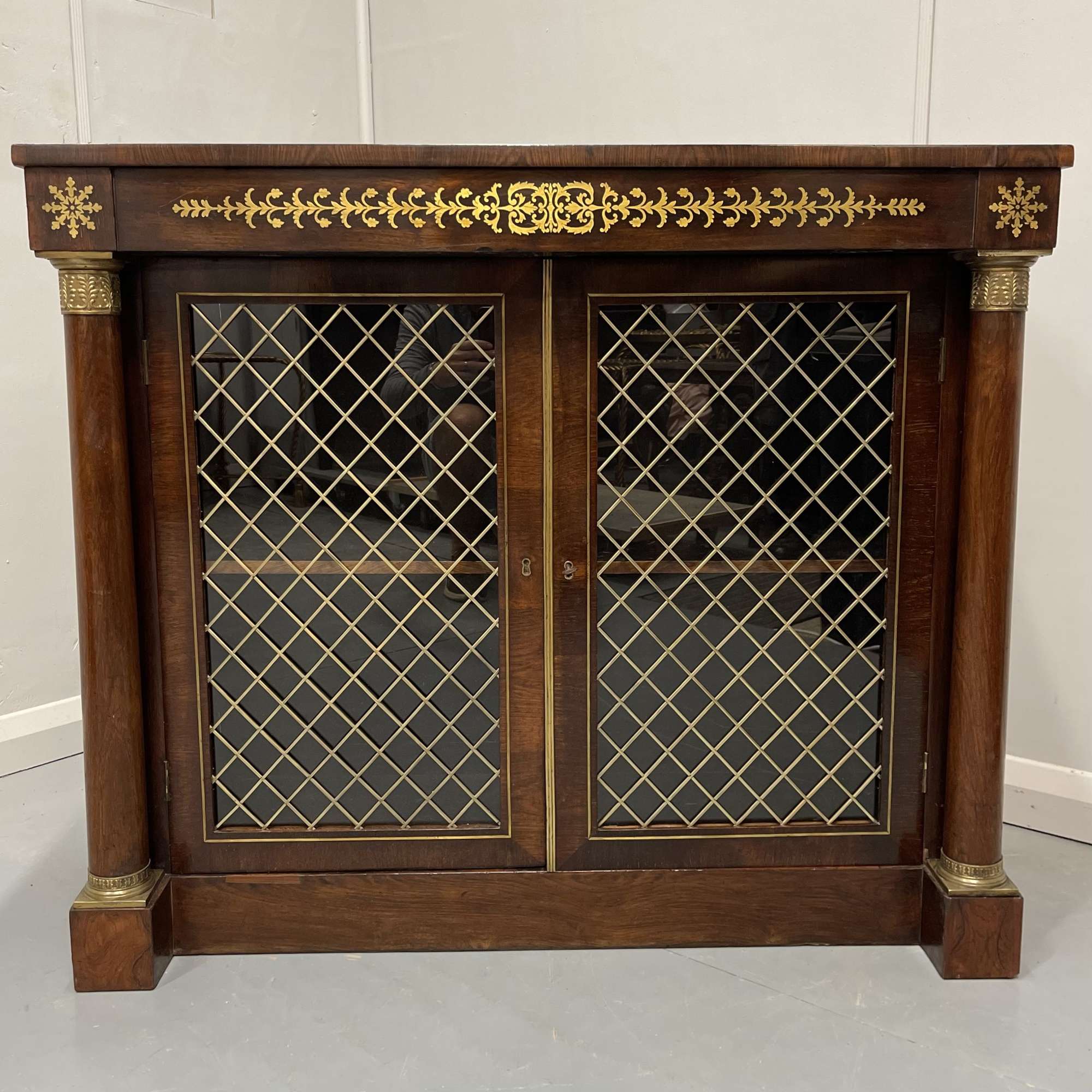English Regency rosewood and brass marquetry two door cabinet