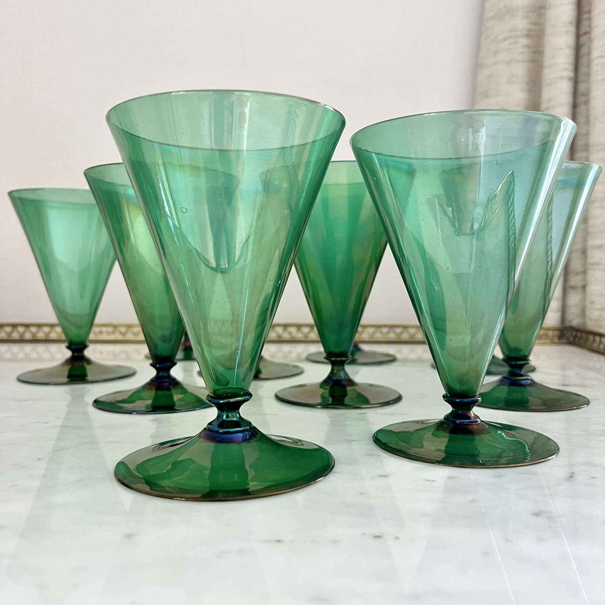 10 extra large Art Deco green lustre wine glasses