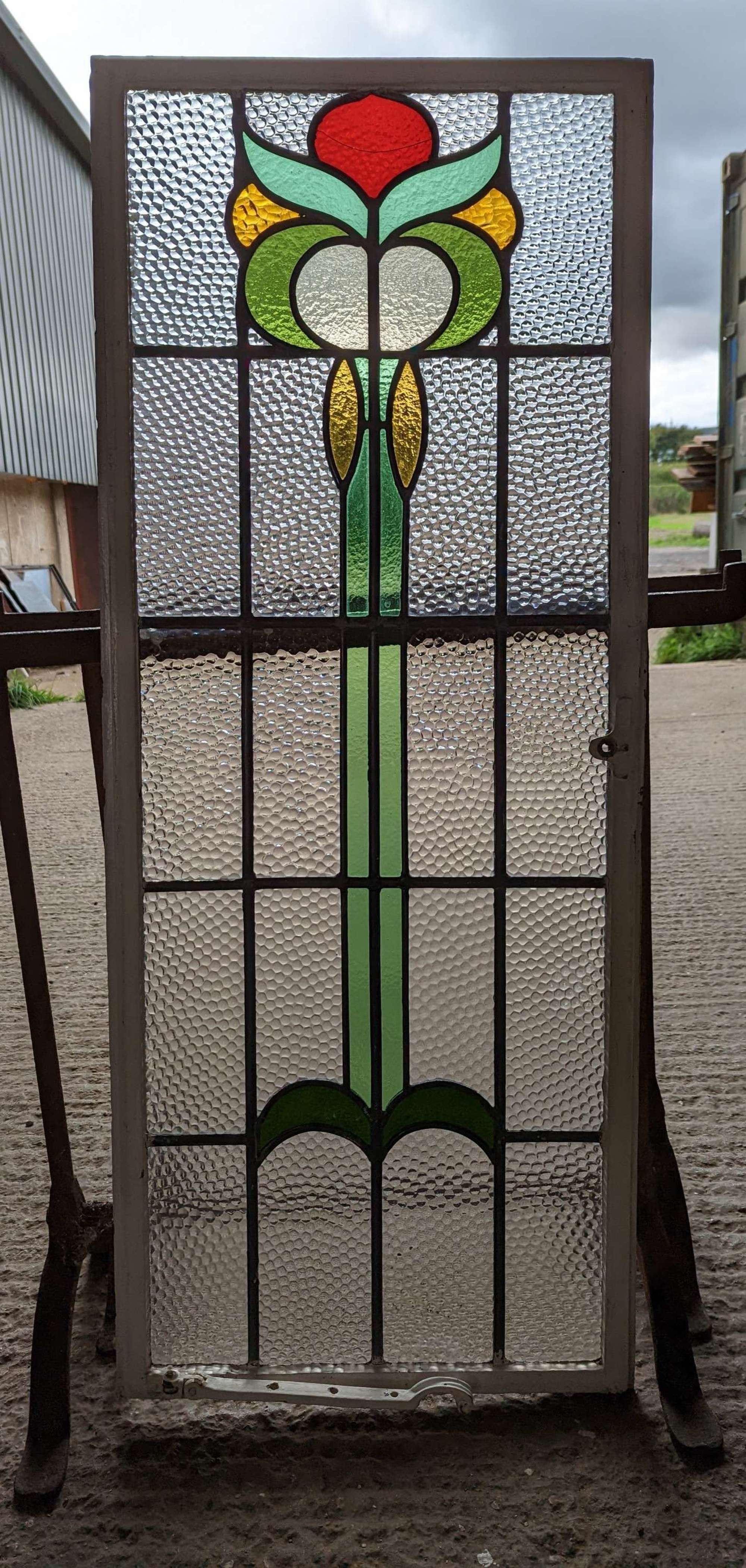 M1728 A TALL RECLAIMED CRITTALL WINDOW WITH ART NOUVEAU STAINED GLASS