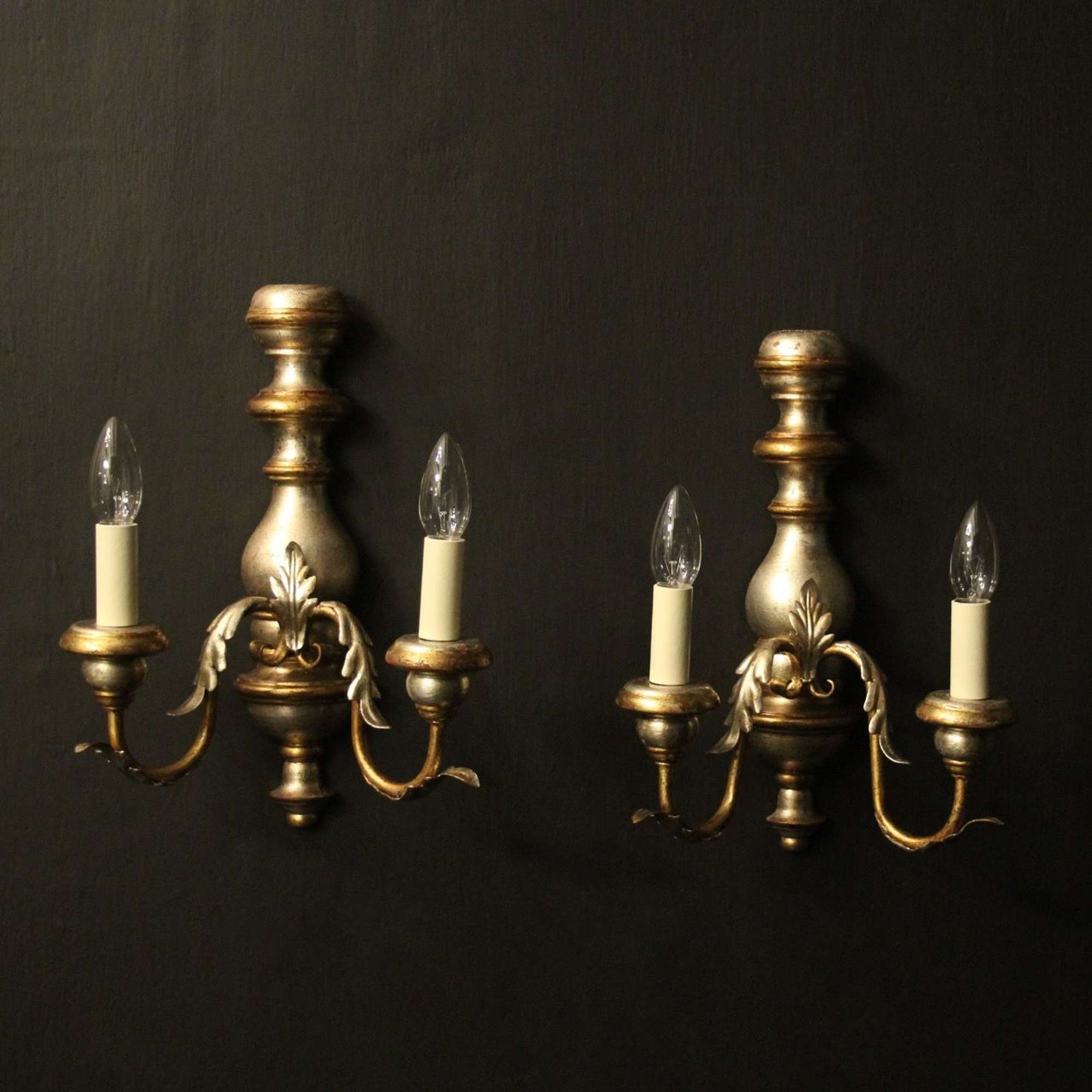 Italian Pair Of Silver Gilded Twin Arm Wall Lights