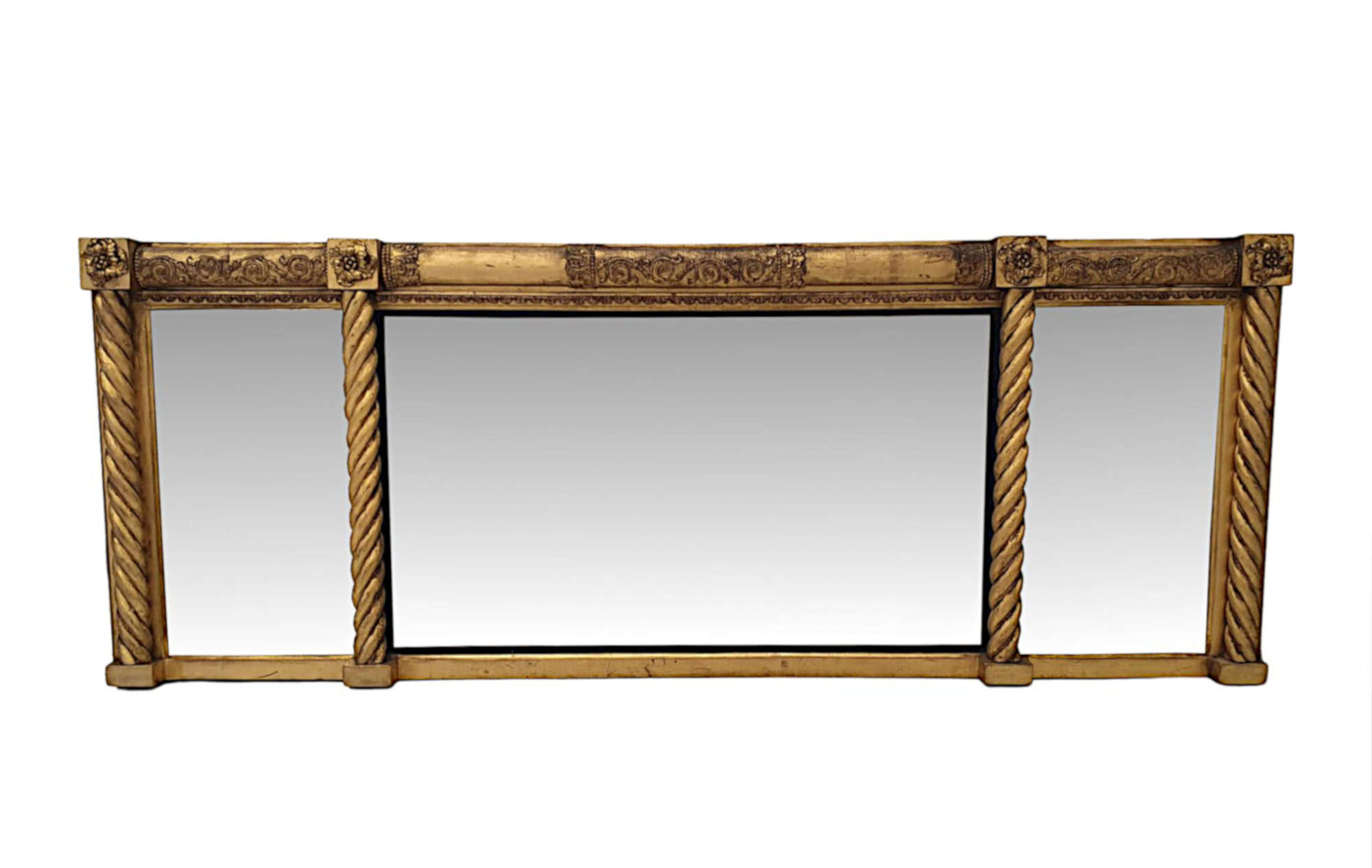 A Very Fine and Unusual 19th Century Three Panel Overmantle Giltwood Mirror