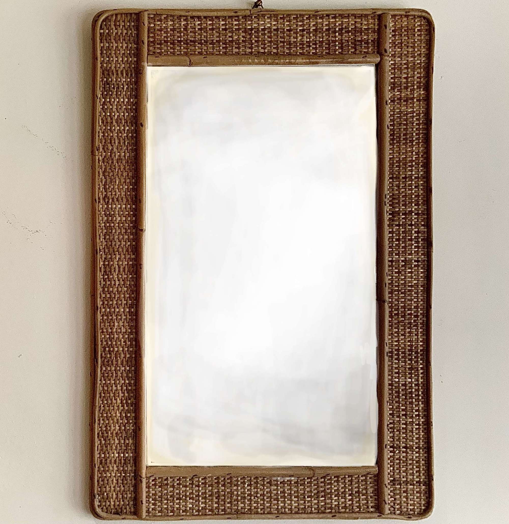 Vintage Mid-Century Modern Bamboo & Woven Rattan Rectangular Mirror