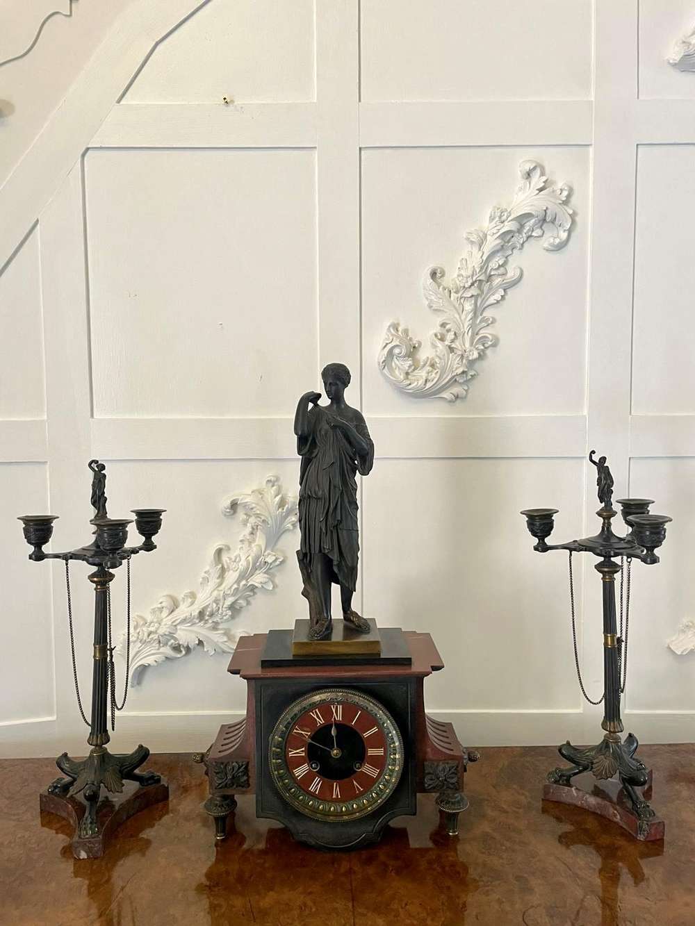Outstanding Quality Antique Regency Bronze And Marble Clock Set