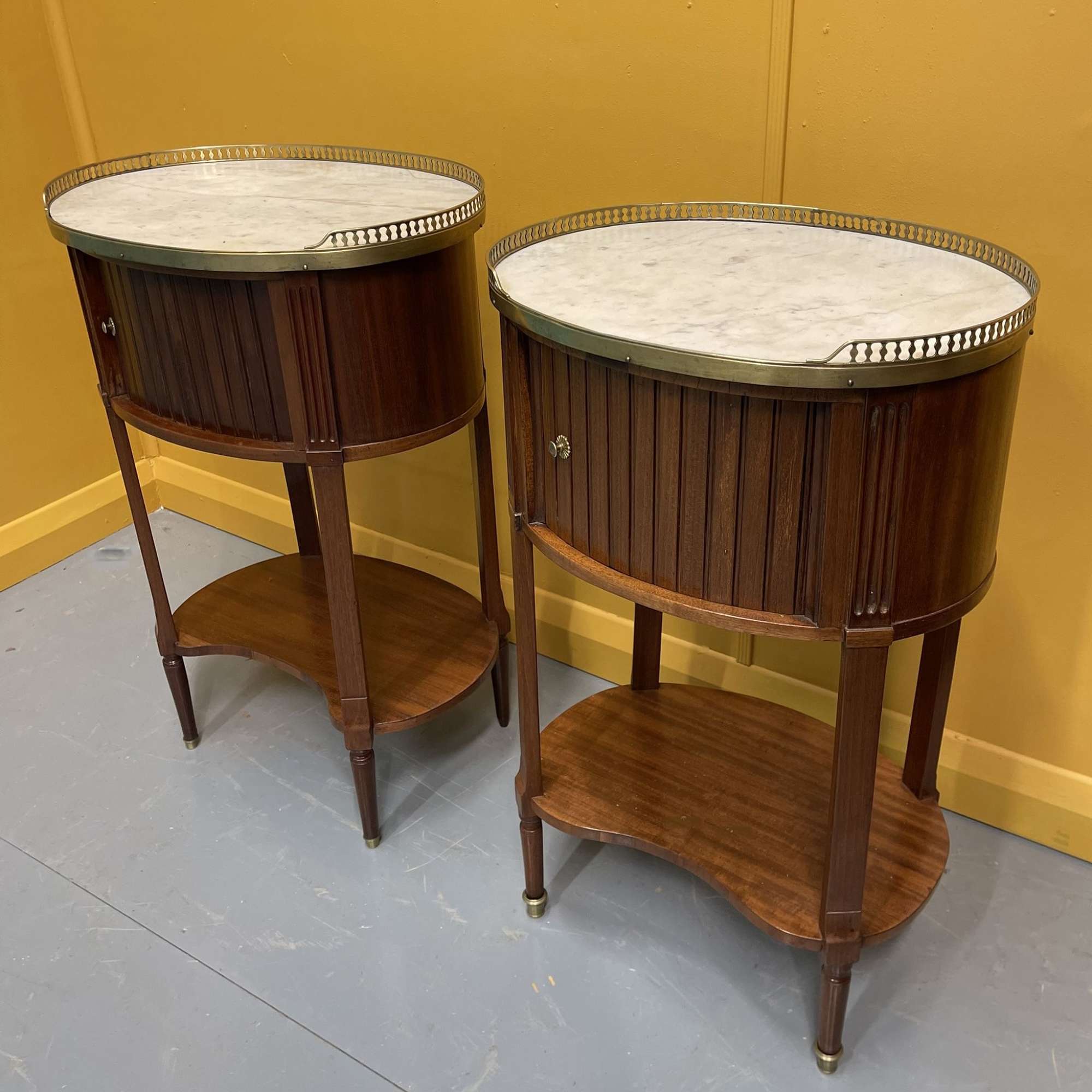 Pair Of French Oval Antique Bedside Cabinets With Tambour Doors
