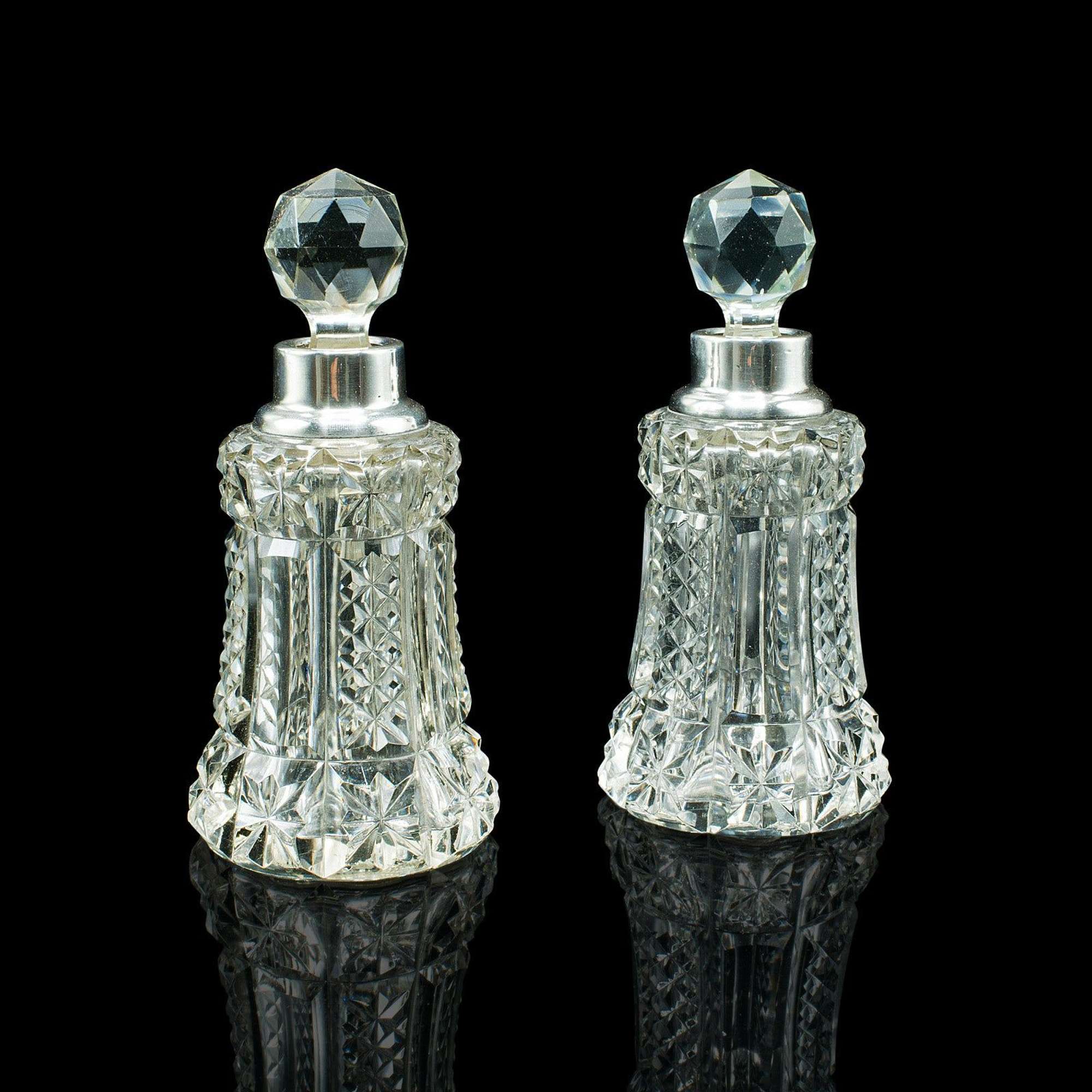 Pair Of Vintage Tipple Decanters, English Glass, Silver, Spirit Vessel, Hallmark