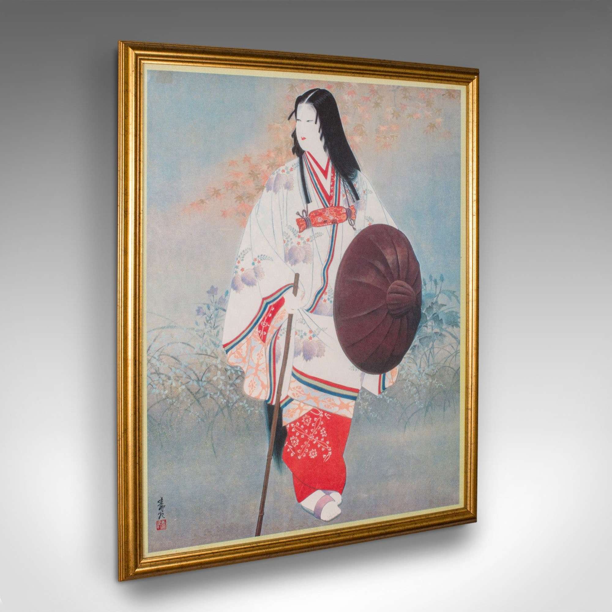 Vintage Framed Art Print, Japanese, Female, Geisha Figure, Art Deco, Circa 1950