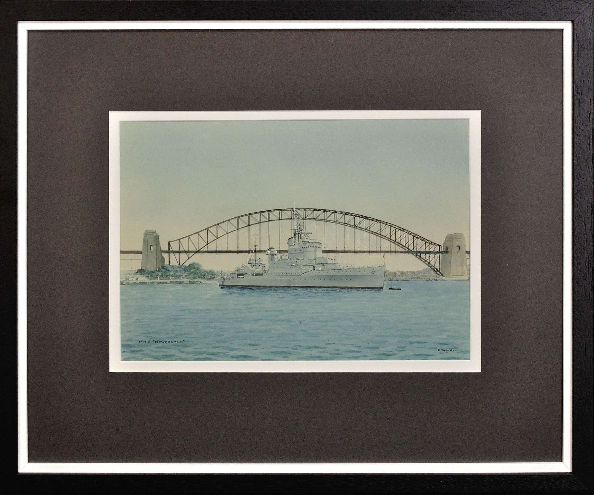 Cdr Eric Tufnell Rn. Hms Newcastle In Sydney Harbour,1956. Watercolour. Melbourne Olympics